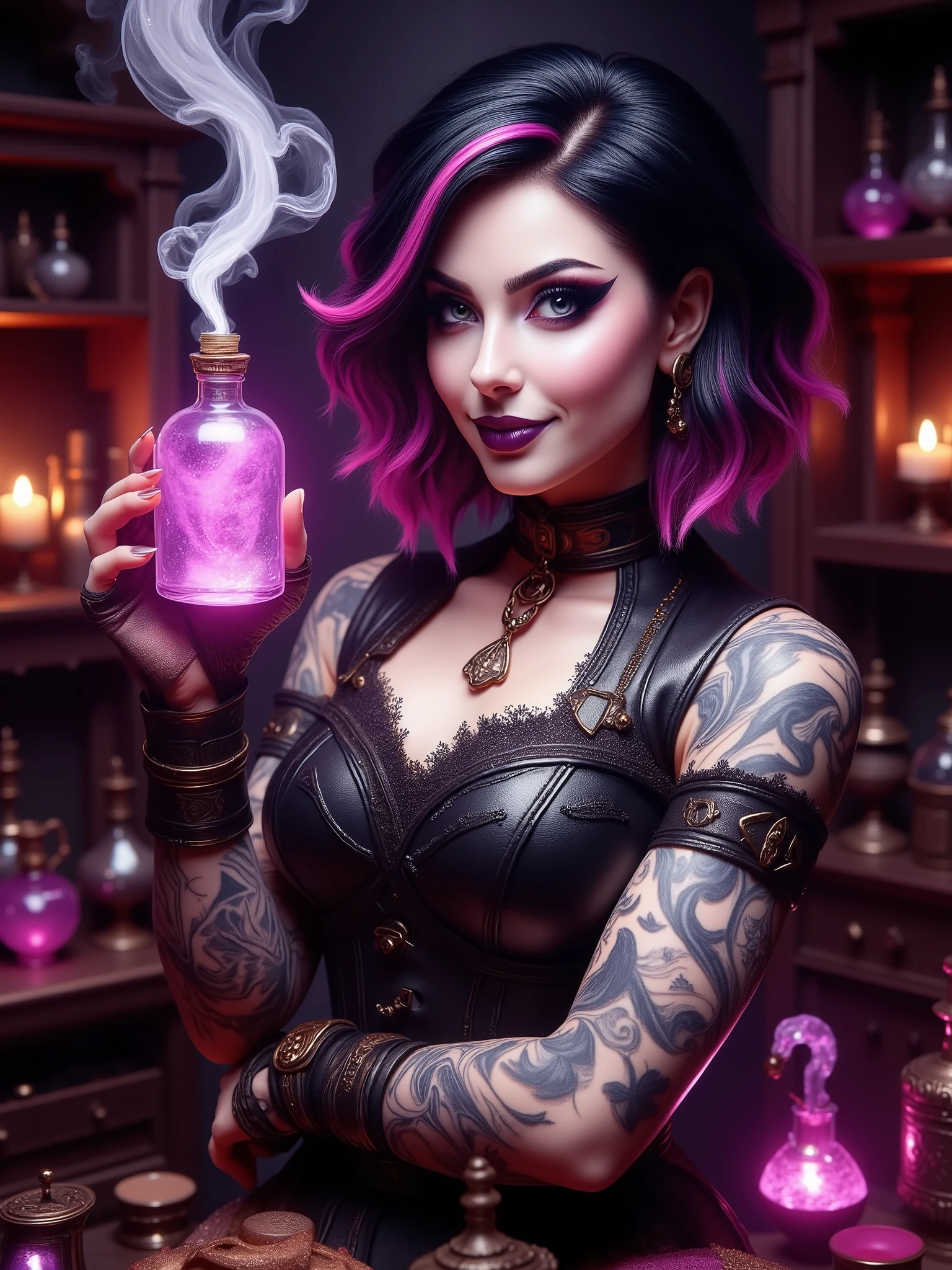 a gorgeous 21 years old woman , shoulder length black and magenta tone hair,  light gray eyes, (((highly-detailed beautiful eyes))), (((highly-detailed beautiful face))), smile, teeth, beautiful, (bold black eyeliner), (pale skin girl), she opted for a stylish, modern black outfit. Booty, busty, stylish tattoos, Comic style. Modern comics. FaceDetail : Lacey Chabert
She's a alchemist and "Potion Merchant" holding one of her potion bottles, bright, glowing magenta colored, up to the light as if to check its clarity, her makeshift store is filled with potions of all shapes, colors and sizes, the scene has a fantasy magical aesthetic