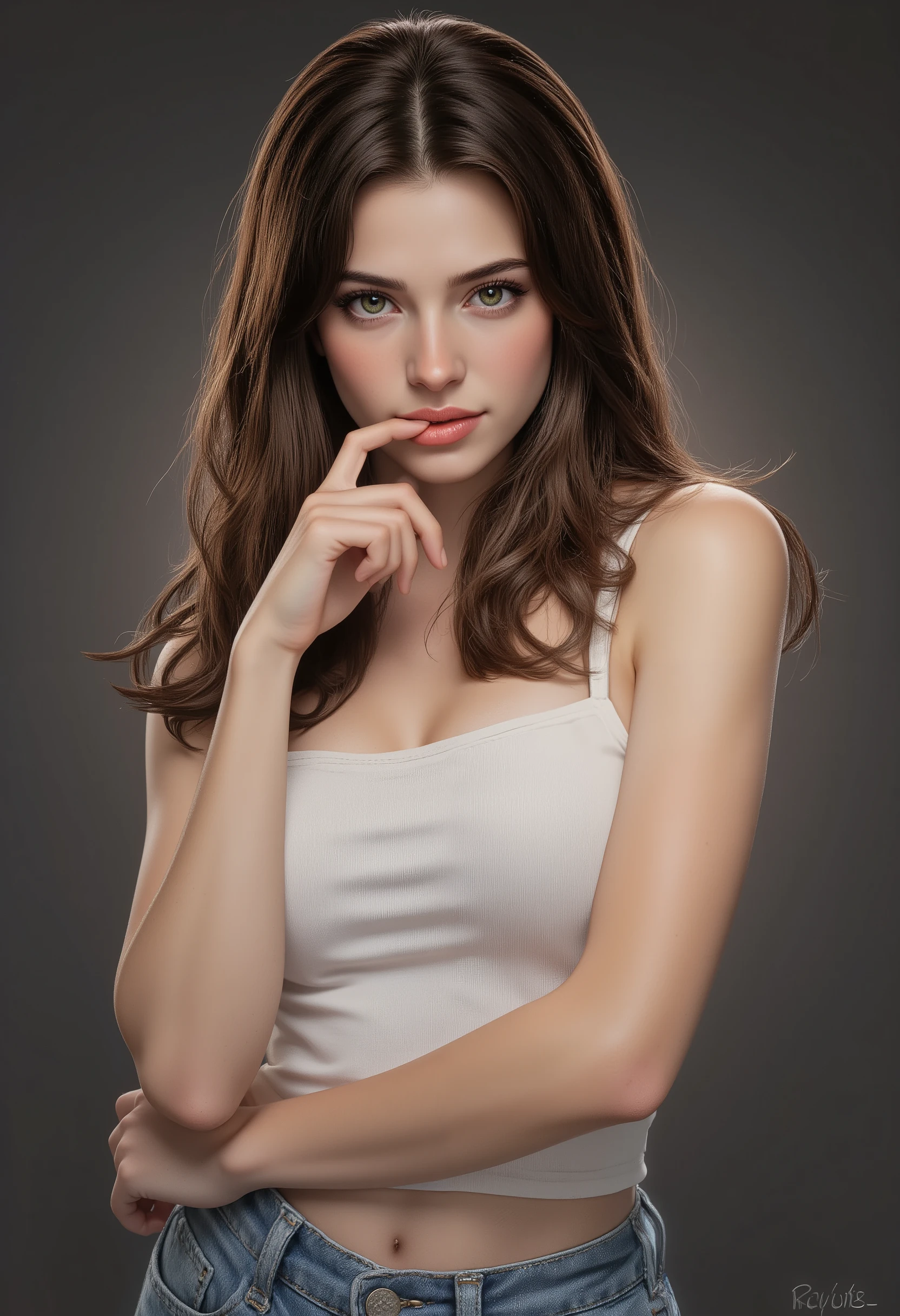 masterpiece、Highest Quality、Super Detailed、Newest、4K、Highly Detailed and Dramatic Digital Art、動態角度Highly Detailed and Dramatic Digital Art，Characteristics of one girl，pretty face of a 22-year-old girl、 clean skin 、 shiny hair 、green eyes、Makeup、head、Dutch Cape、Low Lips、She's Biting Her finger, She wears a sleeveless white vest and denim shorts。