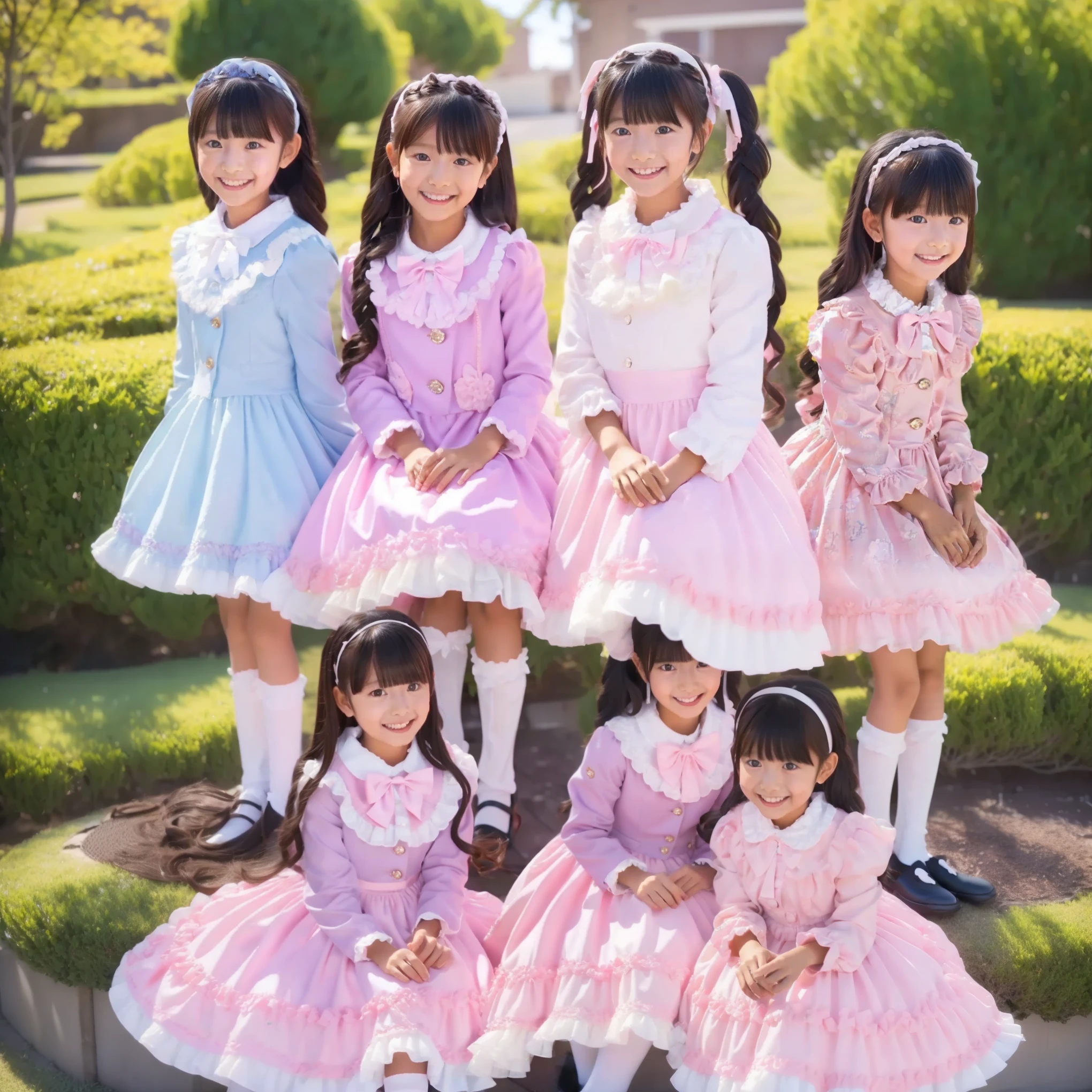 ((   Distant Scenery,full body,standing:1.2)),Highest Quality, masterpiece, highest resolution, Artwork, super それにget used to it, many get used to it, get used to it, それにget used to it, 3k photos,,three noble women are sitting indoors across the street,. ((10 year old Japanese girl,dark hair)),Get used to an ultra-fine young々face,lovely smile,baby-like face,super high resolution on a pile,  complicated details,  Back hair tied with a ribbon,smile,pastel colored silk satin dress、long black socks beautifully decorated with ruffles and ribbons, （round large ruffle collar,bow tie,long sleeve,     ruffle sleeve     ,White Ruffle Blouse,Ruffle placket,    ruffles are cute     ,frill skirt,Very Elaborate Costume:1.3),((midi skirt,:1.0)),long black socks with ruffles,loafers,small breasts,detailed background,