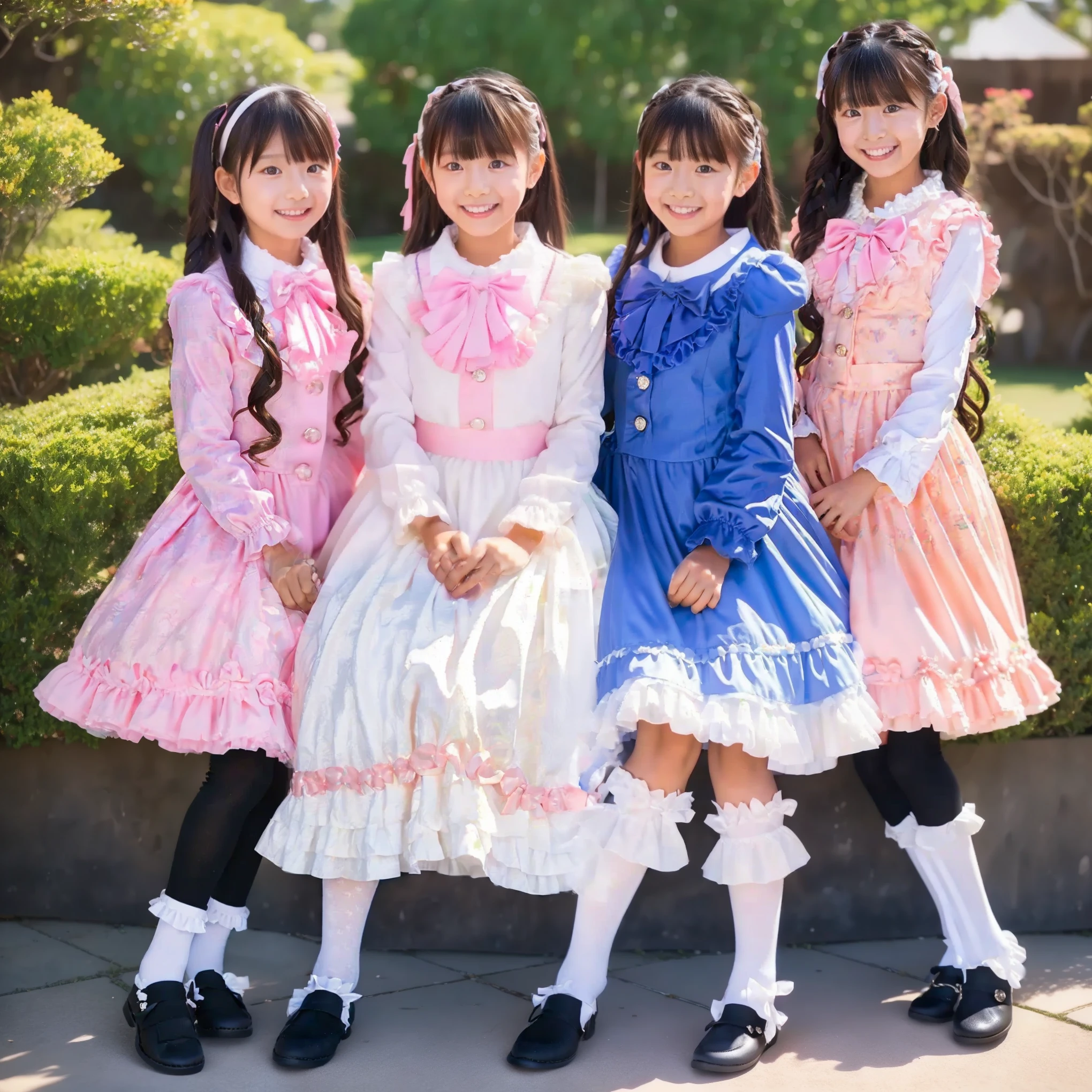 ((   Distant Scenery,full body,standing:1.2)),Highest Quality, masterpiece, highest resolution, Artwork, super それにget used to it, many get used to it, get used to it, それにget used to it, 3k photos,,three noble women are sitting indoors across the street,. ((10 year old Japanese girl,dark hair)),Get used to an ultra-fine young々face,lovely smile,baby-like face,super high resolution on a pile,  complicated details,  Back hair tied with a ribbon,smile,pastel colored silk satin dress、long black socks beautifully decorated with ruffles and ribbons, （round large ruffle collar,bow tie,long sleeve,     ruffle sleeve     ,White Ruffle Blouse,Ruffle placket,    ruffles are cute     ,frill skirt,Very Elaborate Costume:1.3),((midi skirt,:1.0)),long black socks with ruffles,loafers,small breasts,detailed background,