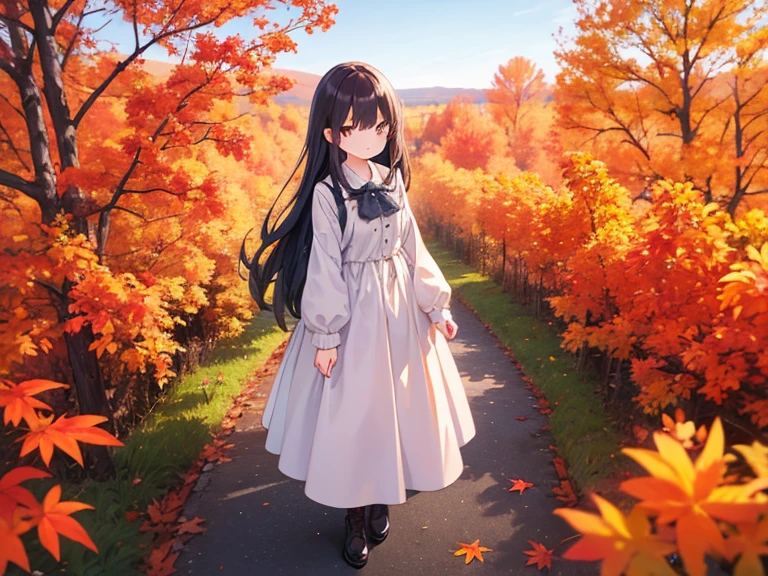 Anime girl in a white dress walking down a sidewalk in front of a ...