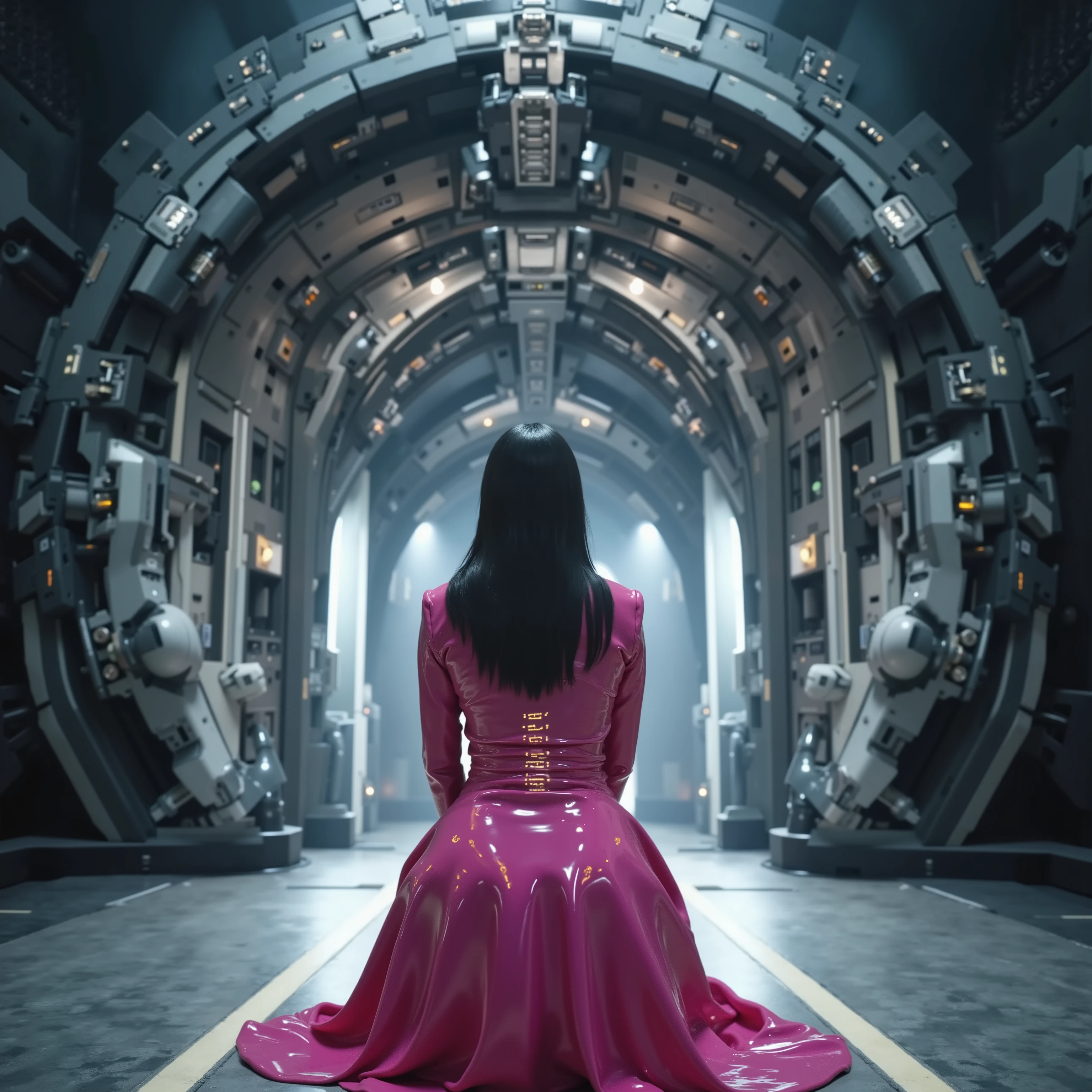 A wide angle cinematic image of a woman wearing a pink latex dress kneeling in front of a massive cybernetic citadels entranceway, the woman’s dress has illuminated circuits on it, the dress is shiny latex, the woman is 58 years old and 150 pounds