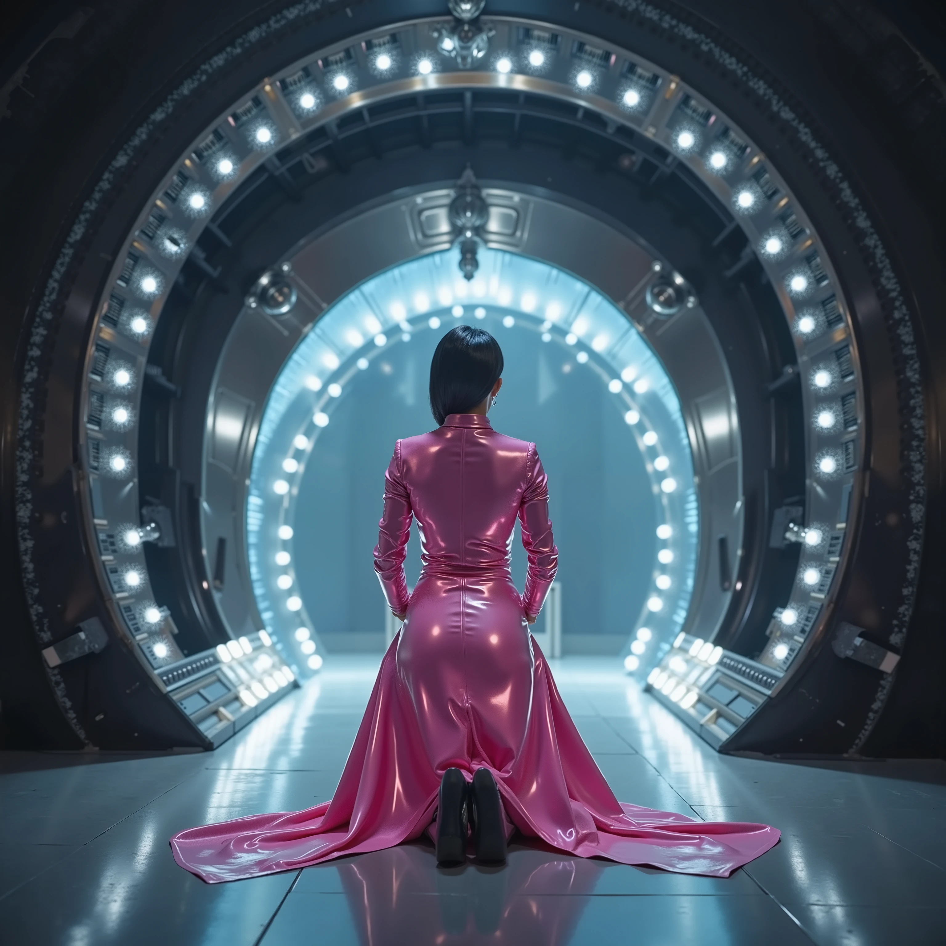 A wide angle cinematic image of a woman wearing a pink latex dress kneeling in front of a massive cybernetic citadels entranceway, the woman’s dress has illuminated circuits on it, the dress is shiny latex, the woman is 58 years old and 150 pounds