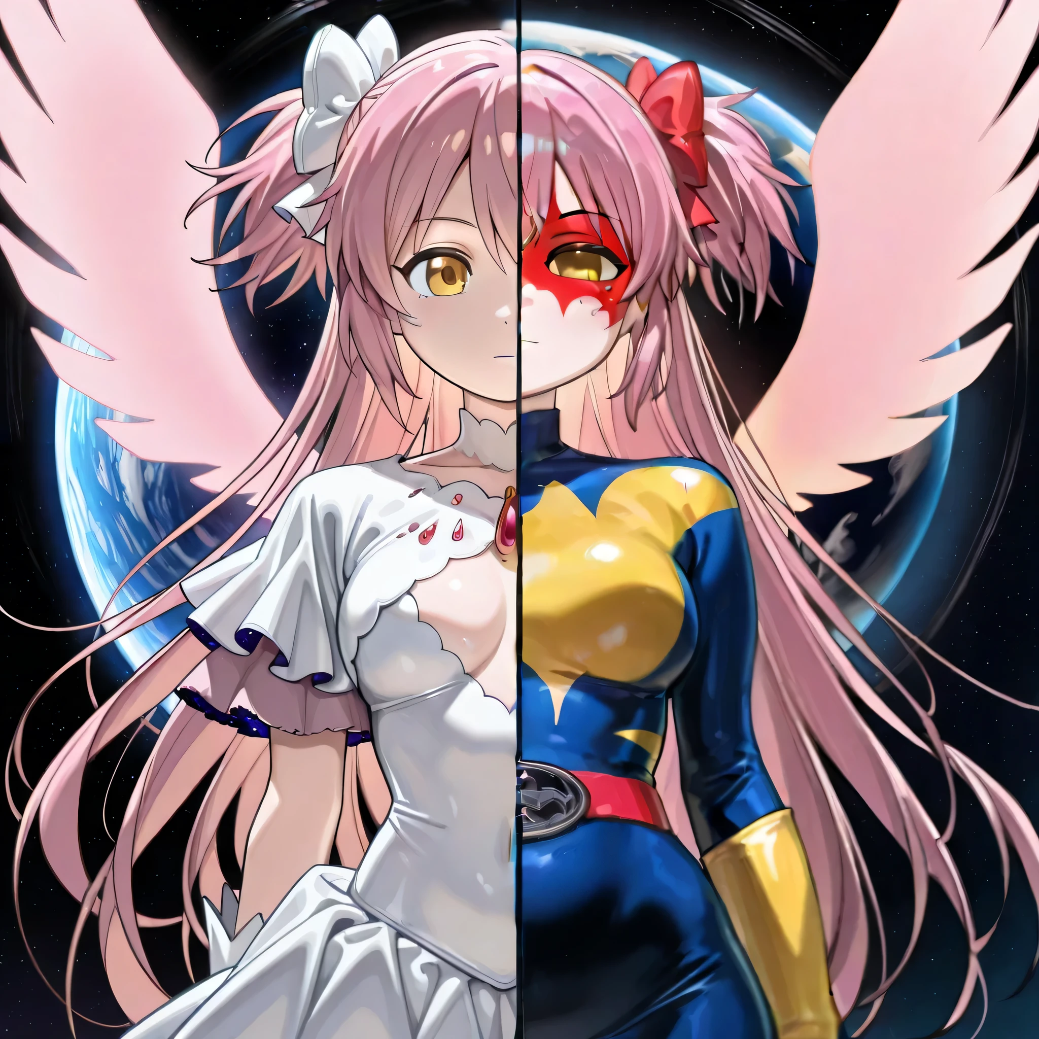 (((Masterpiece))), (((Best Quality))), ((Super Detail)), ultra-High resolution, score_9,score_8_up,score_7_up,score_6_up,score_5_up,score_4_up, BREAK, source_anime, anime screencap, uncensored, Masterpiece, (best shadow), (absurdres), (detailed background), (very aesthetic), detailed beautiful eyes, outstanding, an exquisite animation illustration, curvy, highres, (((solo, 1girl))), hair ornament, pose, submissive pose, anime style, anime coloring, animification, megami magazine, pose, medium , umadoka, pink hair, yellow eyes, two side up, long hair, very long hair, cowboy shot, upper body, standing, standing at attention, standing still, expressionless, emotionless, pink energy wings, pink winged, (((spl1tscr33n, spl1tf4c3, spl1tfr4m3,,splitscreen, splitface, splitframe, split screen, split face, split frame))), space background, star, planet, white frilled dress, plunging neckline, white frilled capelet, two-sided capelet, layered capelet, red gemstone, space print, two-sided dress, layered dress, white gloves, hair bow, white bow, pink energy wings, pink winged, thighhighs,