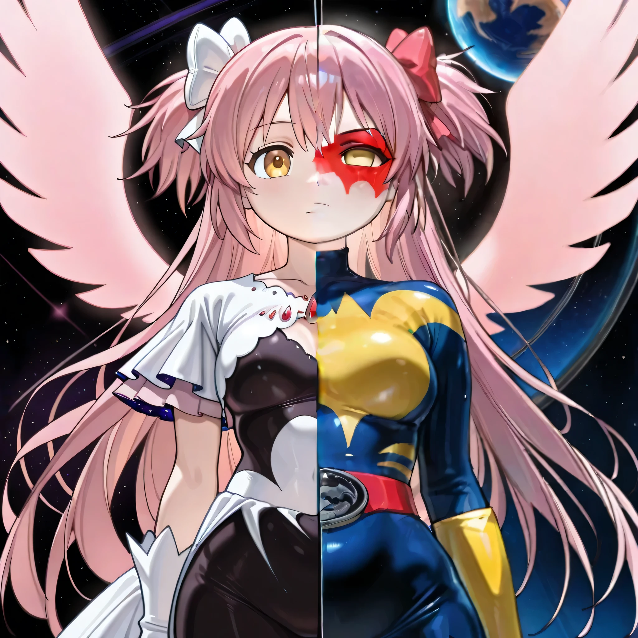 (((Masterpiece))), (((Best Quality))), ((Super Detail)), ultra-High resolution, score_9,score_8_up,score_7_up,score_6_up,score_5_up,score_4_up, BREAK, source_anime, anime screencap, uncensored, Masterpiece, (best shadow), (absurdres), (detailed background), (very aesthetic), detailed beautiful eyes, outstanding, an exquisite animation illustration, curvy, highres, (((solo, 1girl))), hair ornament, pose, submissive pose, anime style, anime coloring, animification, megami magazine, pose, medium , umadoka, pink hair, yellow eyes, two side up, long hair, very long hair, cowboy shot, upper body, standing, standing at attention, standing still, expressionless, emotionless, pink energy wings, pink winged, (((spl1tscr33n, spl1tf4c3, spl1tfr4m3,,splitscreen, splitface, splitframe, split screen, split face, split frame))), space background, star, planet, white frilled dress, plunging neckline, white frilled capelet, two-sided capelet, layered capelet, red gemstone, space print, two-sided dress, layered dress, white gloves, hair bow, white bow, pink energy wings, pink winged, thighhighs,