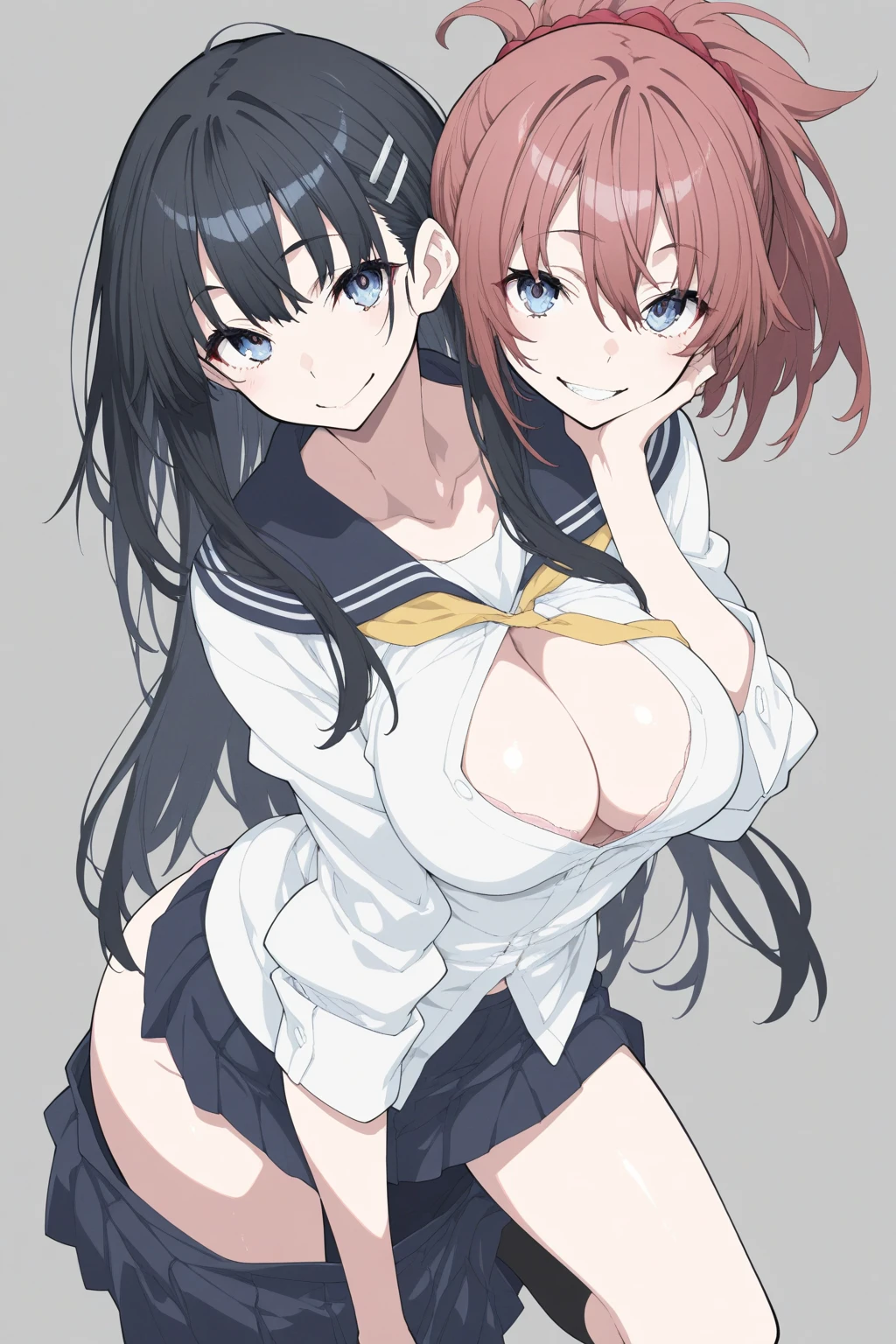 ((2 girls ), ((yuigahama yui is bust and ヒップライン are great)),((Yukinoshita Yukino)),,In ?????????,???????????,leaning forward,body turns forward,they have their hands behind their backs,(Bra with ?????? bulge line),My bra falls down and my ??????? are visible.,beautiful pink ???????,belly button,,(Light blue lace panties:1.0),(white panties:1.0),Ribbon on panties,????? line,(thighs),,((high angle:1.0)),(beautiful eyes),look at the camera,blush,troubled face,Insert your head