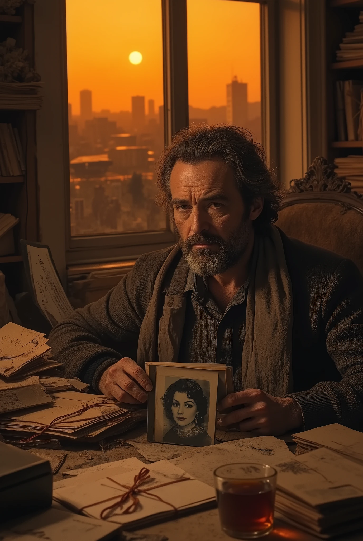 Hyperrealistic photo, a dimly lit study in San Francisco. The window shows an apocalyptic orange haze from wildfires. A man in his 40s, an archivist, carefully holds a faded, black-and-white photograph of a woman from the 1940s. His hands are dusty. On the desk: a scanner, a cup of cold tea, and piles of letters tied with ribbon. The atmosphere is thick with melancholy and the weight of forgotten stories. Cinematic lighting, deep shadows, focus on the photograph and his tired eyes.