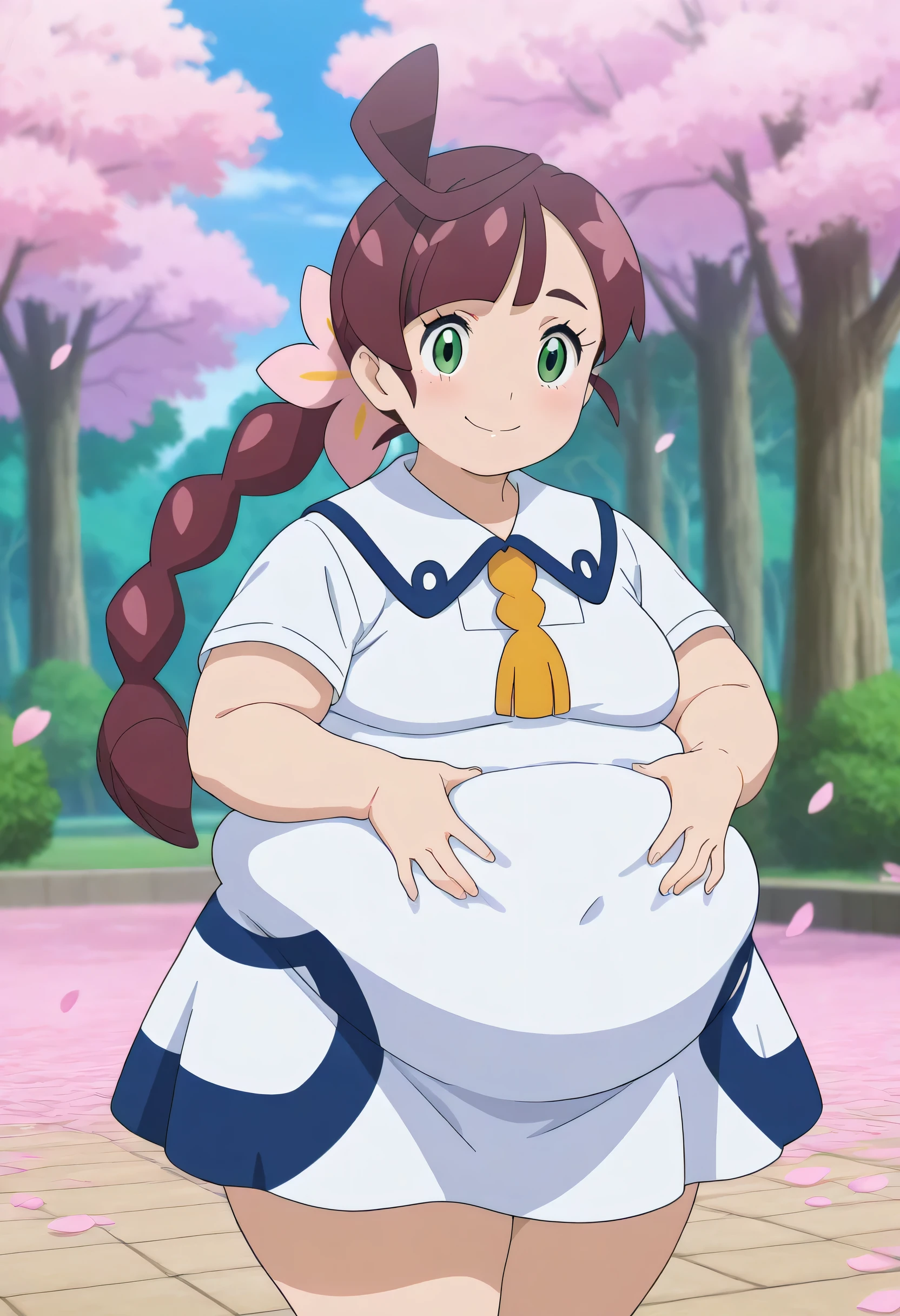 the best quality, good quality, amazing quality, very aesthetic, extremely high resolution, masterpiece, 1girl, Aachloe , long hair, brown hair, braided ponytail, choke, green eyes, school uniform, neck tassel , collared dress, white dress, short sleeves, Standing, cowboy shot, al aire libre, charming smile, mouth shut, Petals, hands on her own belly, morbidly obese, chubby face