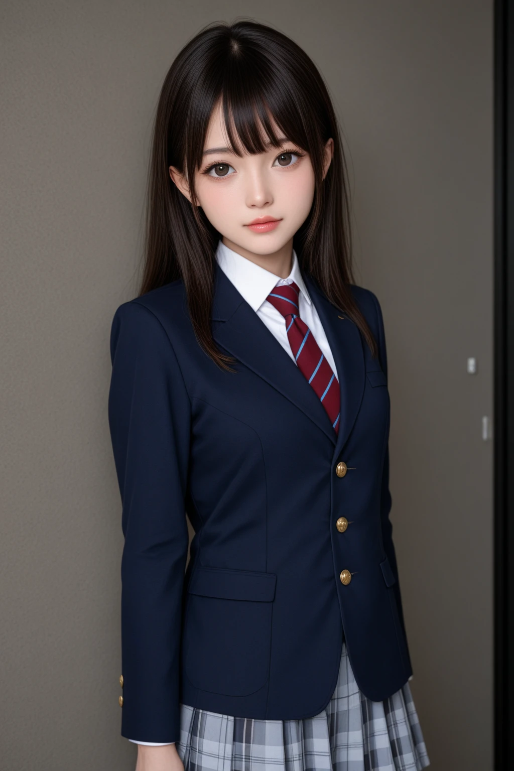 ((high quality)), ((Tabletop)), (Detailed face), (highlight),　Asian Girl、Big breasts、thigh、Black Hair、Heavy bangs、high school girl、skirt、blazer、