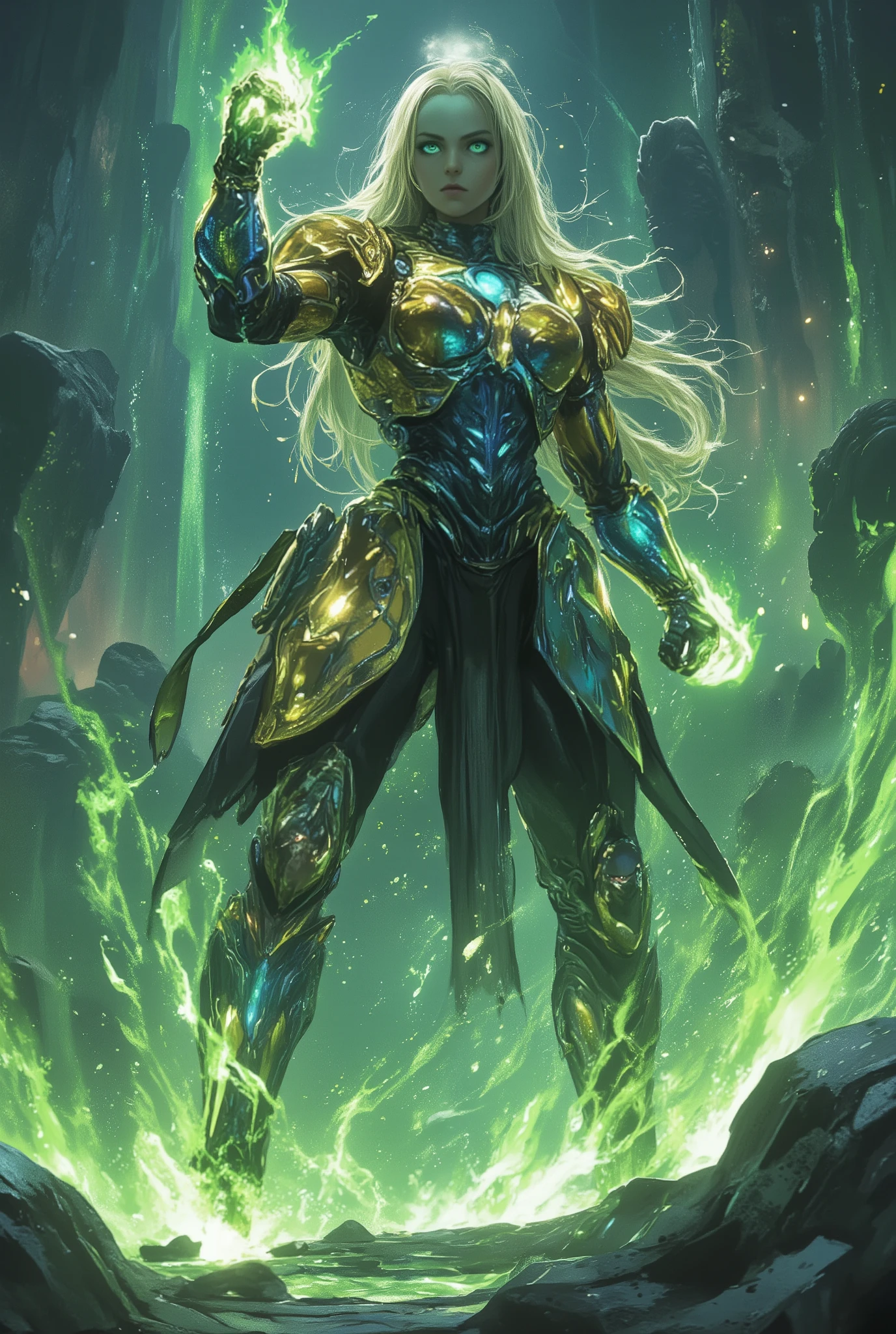 Masterpiece:1.2), best quality, high resolution, Unity 8K Wallpaper, (super real illustration:1.0), Beautiful Details, very detailed on trends, perfect lighting, neon colored, very detailed on trends CG, Shine eyes, backlit, armor, Shine, full_armor, warframe, stunning humanoid_robot lady, tall, (Martial arts fighting pose:1.5), mask ,sample_background, arms, scary monsters, iridescent cian and shiny golden and matt black_armor, Audience, alone, perspective, Anatomical accuracy, bold composition, cool fighting pose, Burning Fist, green fire, Exudes an aura