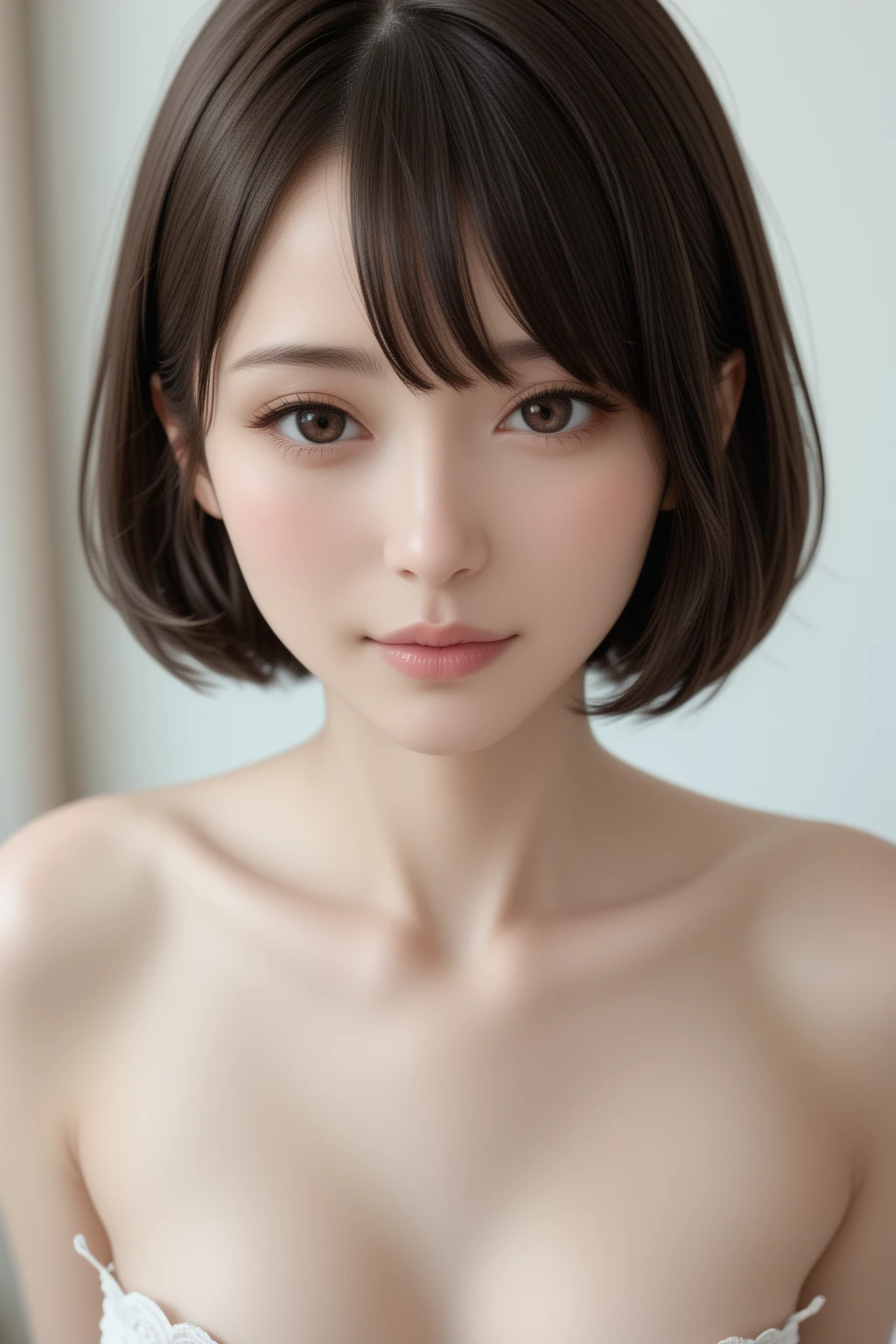 highest quality, Realistic, 8K, High resolution, 1 Girl, woman, (Skin dents), (Portraiture:0.6), nice, ((White Background, , Small :1.65)), (Short brown hair, Parted bangs:1.4), Watching the audience, (1 Girl eyes Watching the audience:1.6), Realistic, (Bokeh), (Closed Mouth, smile:1.3), nice, Purelos Face_V1:1,