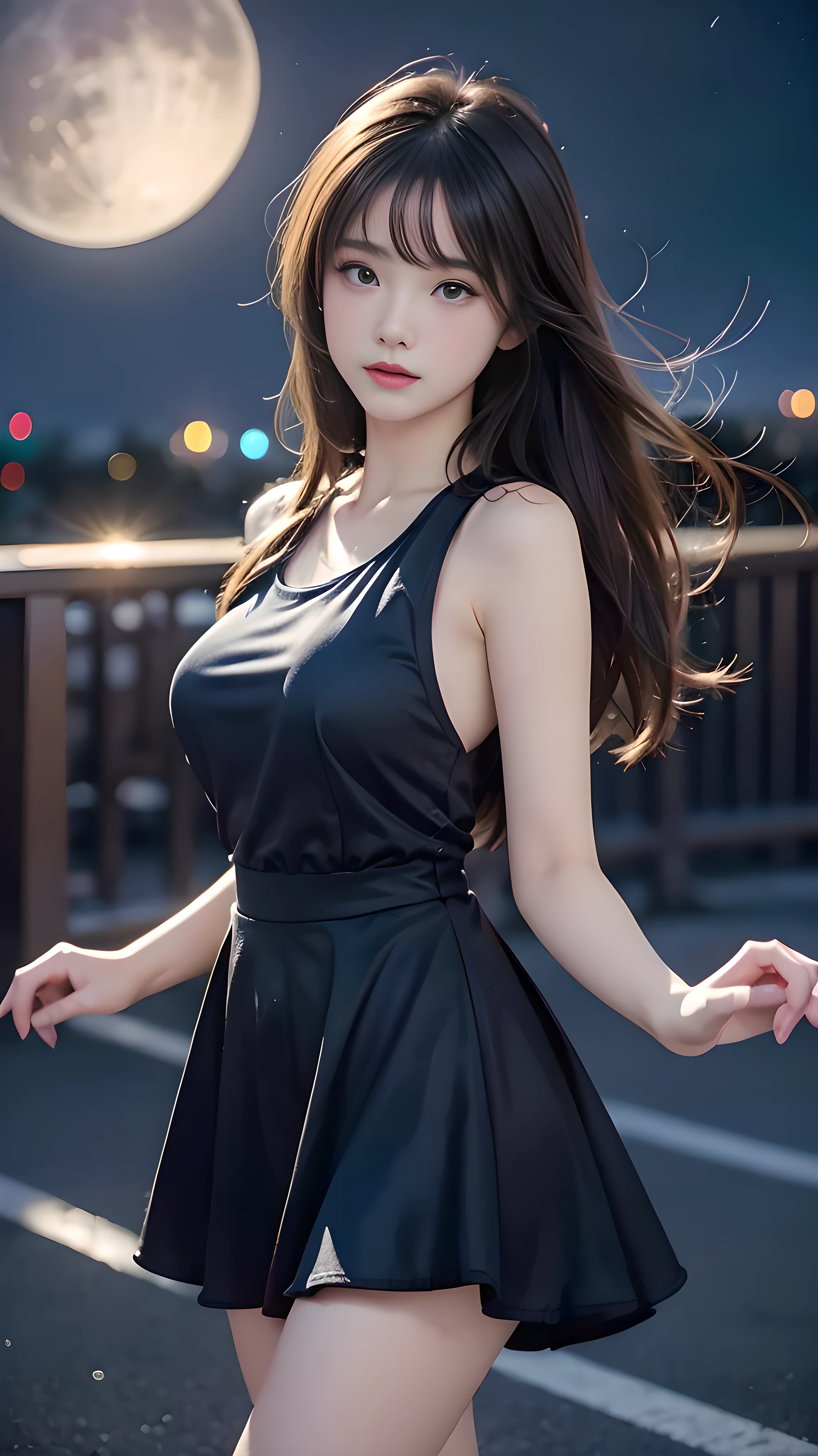 1 girl, 19 years old, ((city in Vietnam)), dark brown hair, purple eyes, hair ornament, ((cowboy photo)), ((Slow motion scene of woman spinning gently in a sad contemporary dance on rooftop, moon halo effect behind her, camera rotating 360 degrees, emotional and poetic, cinematic film still, 8K, sexyly dress)), realistic detailed photo of a plumple breasted girl with exposed shoulders, groomed fingers, high-quality skin, blue eyes, ((under the starry night sky, dark scene: 1.1))、(bare thighs), (masterpiece, best quality: 1.5), wind and flying hair, (best quality, 4k, 8k, high resolution, masterpiece: 1.2), extremely detailed, (realistic, true-to-life, lifelike: 1.37), studio lighting, vivid colors.