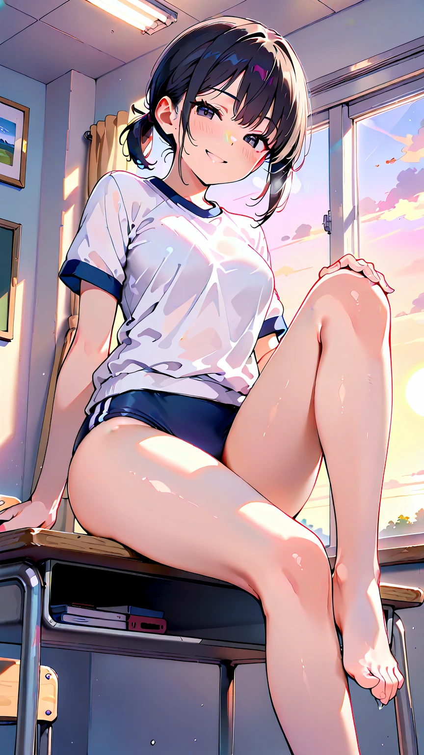 masterpiece,best quality, ultra high res,(beautiful girl:1.4), (beautiful Busty :1), (happy:1.2), (enjoy:1.2), (dark hair:1), (short low ponytail:1.2), medium hair,a  mole around the mouth,wet lip, (burst into laughter:1.4), (squinting:1.4), (simple plain uniform:1.5),(gym uniform:1), school gym clothes, (plain:1.8),(wearing round neck white t-shirt:1.2), navy blue short Sweatpants , upper body shot, ((In a large empty pool)), Pool cleaning, (clean), low angle from below, An old anime school girl character sitting sitting in the terasse of an old japanese house, relaxing at the view of her garden. summer vibes. The colors are soft and pastel, with soft lighting and a nostalgic ambiance, Lo-Fi, , cute girl, side view, wide view