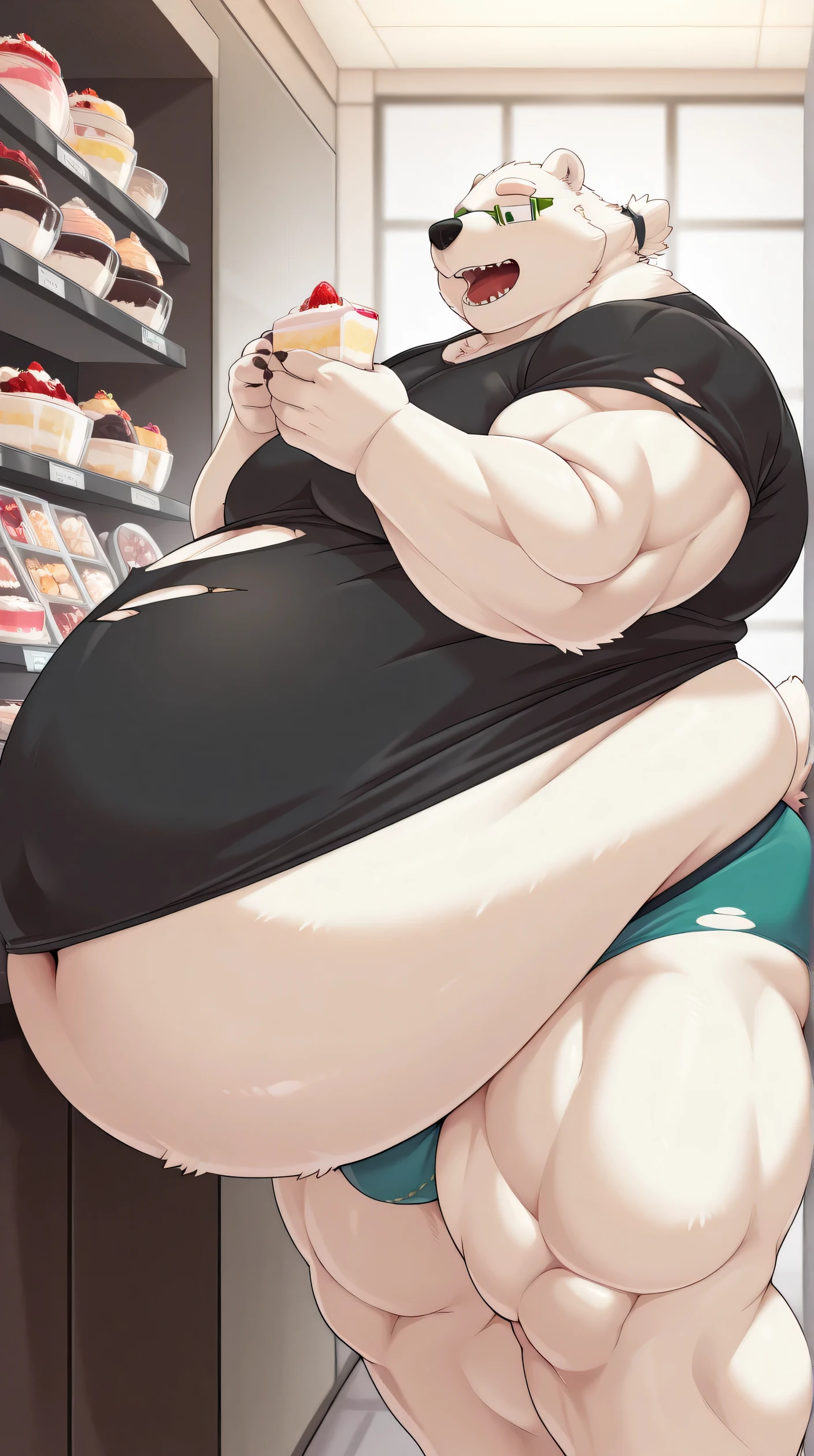 score_9, score_8_up, score_7_up,masterpiece,((no text)),best quality, amazing quality, 1boy, solo, leib,green glasses, polar bear muscular male,by lucusold,fat,Morbidly-Obese, obese, hyper belly:1.5, hyper Belly inflation,hyper belly overhang to knee,Torn clothes,(almost torn black toptank), eating massive dessert at a dessert shop,eat and mess,many dity dishes,happy,((detailed eyes)),(feet out of frame), underwear, opened mouth,no pants,hyper thick tail, (different angles)