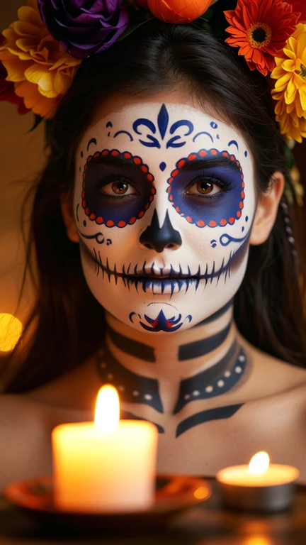 (best quality, 8K, Masterpiece: 1.3)), Sharp focus: 1.2, A beautiful woman with a perfect figure. Highly detailed  and skin textures, Detailed eyes, Double eyelids, smile, look at viewer, purple short hair, upper body, put on makeup, blurry background, white skin, Face Paint, white skin, Black Dresses, Holding equipment, Zombies, light purple lips, __background__ Full of busy people