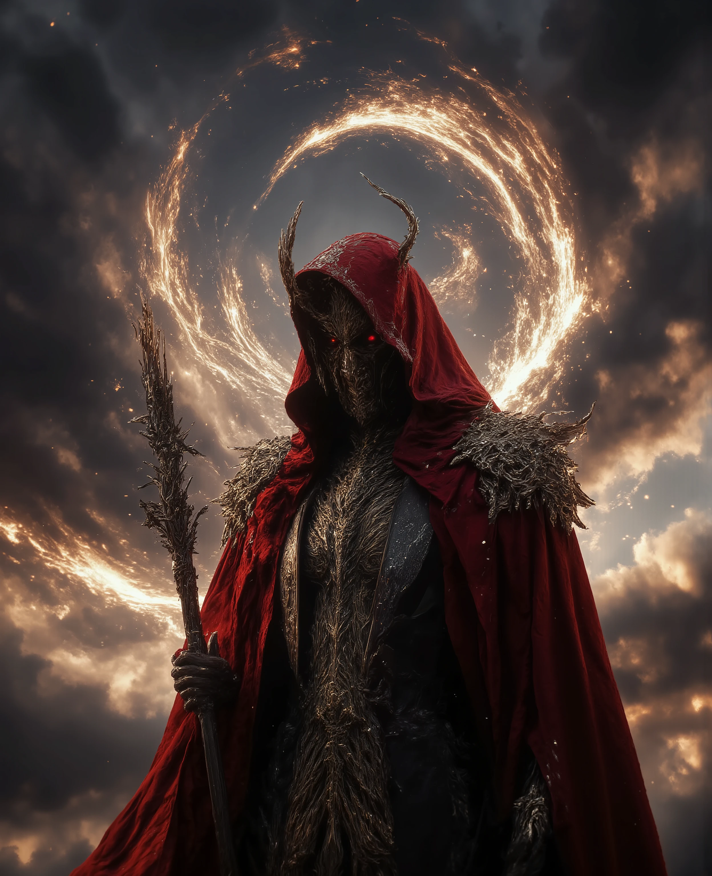 messenger of the cult of the eternal sky, detailed portrait of a mysterious hooded figure, dramatic lighting, intricate clothes, ornate staff, dramatic clouds in the sky, Heavenly Energy, swirling around, cinematic,portrait,fantasy style,digital art,4k,HDR,ultra-detailed,hyperrealistic,dramatic lighting,adentura dark atmosphere,bright colors,intricate details,masterpiece