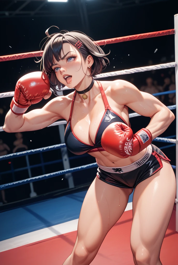 score_9, score_8_up, score_7_up, score_6_up, score_5_up, score_4_up, colorful, masterpiece, 4k, highly detailed, detailed face, detailed hands, detailed background, sharper lineart, <lora:chunliSDXL:1>,<lora:momofuki_rio_style_pdxl_goofy:0.7>,<lora:[GP] somethingweird [Pony XL]:0.8>,<lora:detailed_eye_model:1> detailed_eyes_model, chunliSDXL, solo, 1girl, hair bun, double bun, , puffy , large , big , red lipstick, makeup, mascara, wide , athletic, muscular, brown eyes, brown hair, yellow ribbon, boxing clothes, boxing gloves, incoming attack, (uppercut:1.1), background, ring, looking away, serious gaze, heavy breathing, full body, soft lighting, soft shadow, from above, pov from above