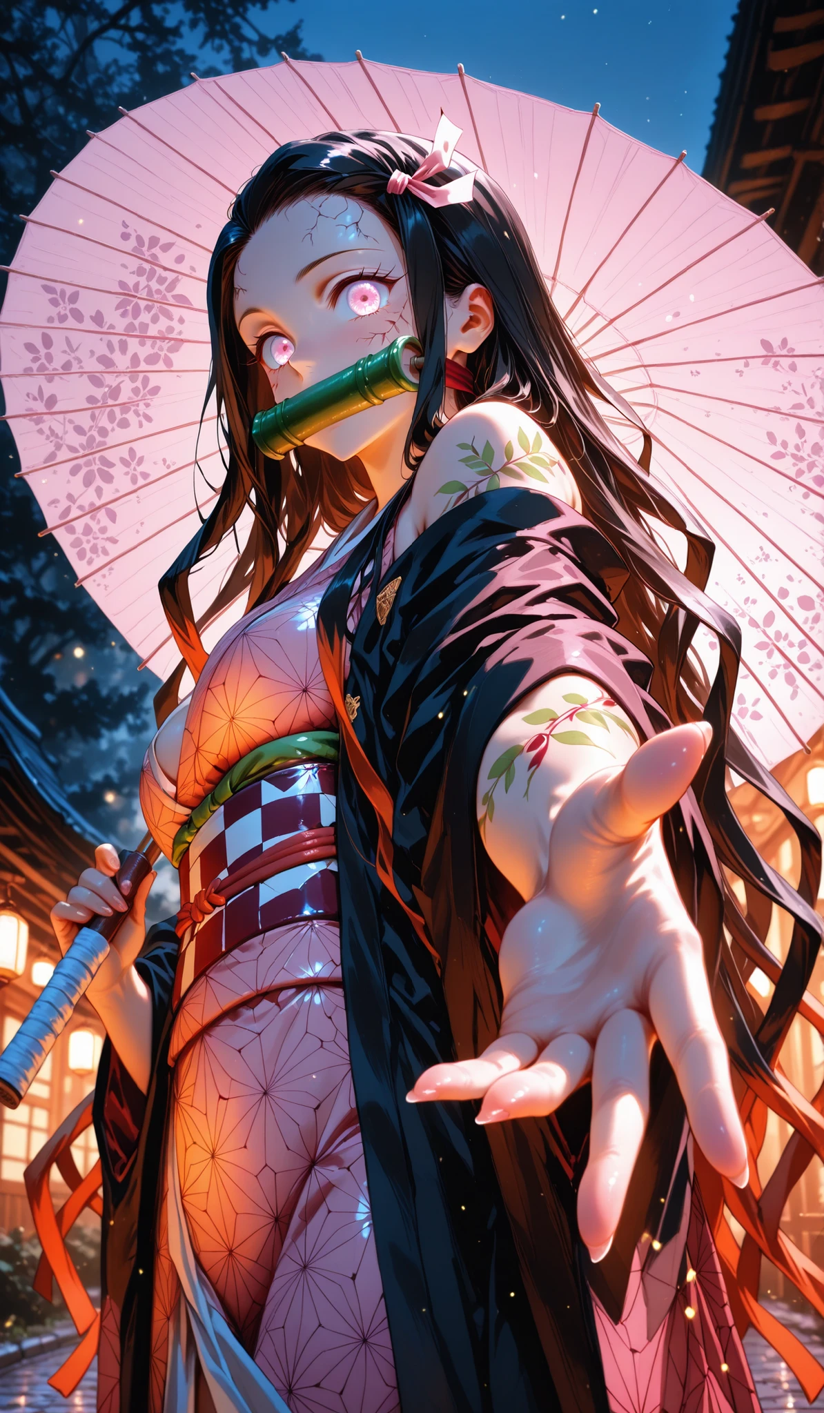 , (Meisterwerk), (best quality), (ultragenaue), Original, Foto Hintergrund, Meisterwerk, best quality, absurdres, neuestes, very aesthetic, amazing quality, high resolution, sensitive, high resolution, ultra detailliert, beste Anatomie, HDR, 8K, highly detailed RAW color art, hoher Kontrast.
Meisterwerk,Super detailliert,Nice face,lange Wimpern,(Japanese umbrella holding),Pastel Yukata,sexy Schulter,Erreichen,beautiful light up,brillantes Licht, Von unten , whole body, , Kamado Nezuko, bisschen knebeln , gag , tattoo, Breasts, sehen Ansicht , Kehrt um, Mitternacht,