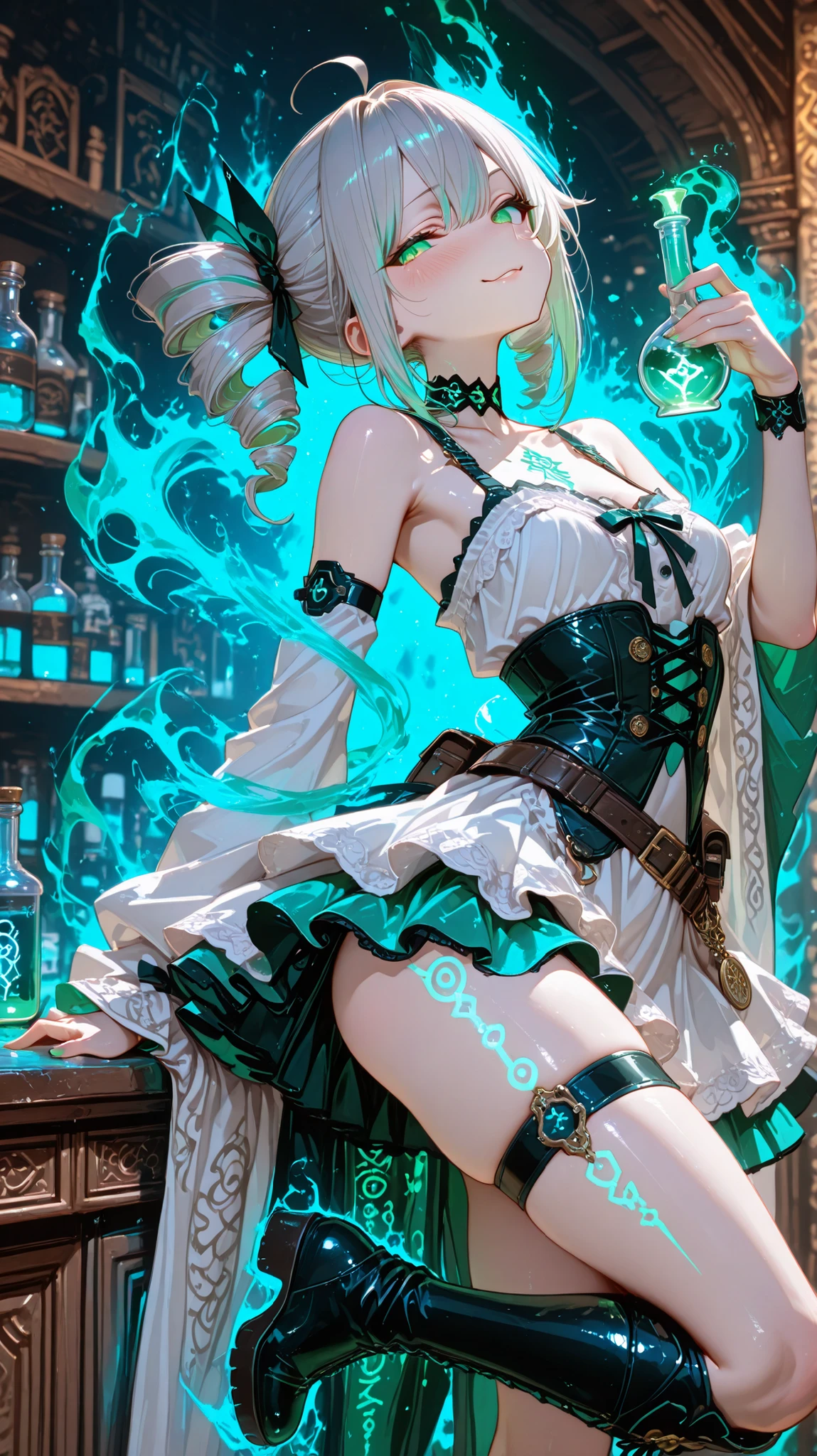 masterpiece, super detailed, 8k, cinematic animation realism, RAW Photo Quality , ultra-fine details, 没入感のある幻想的なenvironment.
theme:
Herbalist sitting in front of her shop, A provocative S-line hip lift, 足の指先がランに乗る片足曲げたPose, Legs with arched ankles stretched back, A long, seductive line. Her skirt and belt appear to sway as if caught mid-slip, Midorifu looking seductive, hips, and thighs. Torso tilted slightly back, A jade potion gently glowing on her fingertips to her lips, Supporting a slender figure. Eyes Half Closed, Playful lip curve, A provocative smirk—a pure sex goddess's charm.
Appearance:
long, Silver hair with subtle green highlights, 肩と背middleを流れるように; Face Twin sidelocks enveloping her body; Gracefully flowing ahoge.
is pale, Bright Skin, A subtle alchemical pattern on her collarbone, Waist, and forearm , Highlighting the curves.
middle~big bust, slim Waist, Exaggerated hip lift, Poseで伸びた脚.
Slight Blush, gaze, Seductive lips slightly parted, charming atmosphere.
Outfit / Dress fusion:
Futuristic nanofibers + Mysterious maid enveloping face and shoulders + Alchemist hybrid, Appearanceはメイドみたいだけど全く斬新でセクシー.
Twisting layered skirt and belt caught mid-sway, Midorifu looking seductive, hips, and side slit .
slit that wraps around the face and shoulders is reminiscent of stockings.
Futuristic charm, Potion Bottle, and belt adorn Waist and sleeves—magical and functional.
膝丈のブーツが脚と流れるskirtを強調.
Flowing Sleeves , ribbon, An ornament that reacts to a gentle, magical breeze.
Pose & motion:
Exaggerated hip lift, Upper body tilted slightly back, Provocatively angled shoulders.
skirt, belt, ribbon flow dynamically in mid-air, A playful gesture captured.
A magic potion held gracefully to her lips; The angle of her shoulders and wrists accentuates her alluring S-line.
Hair swaying in the magical wind, The translucent underwear peeking through the.
environment