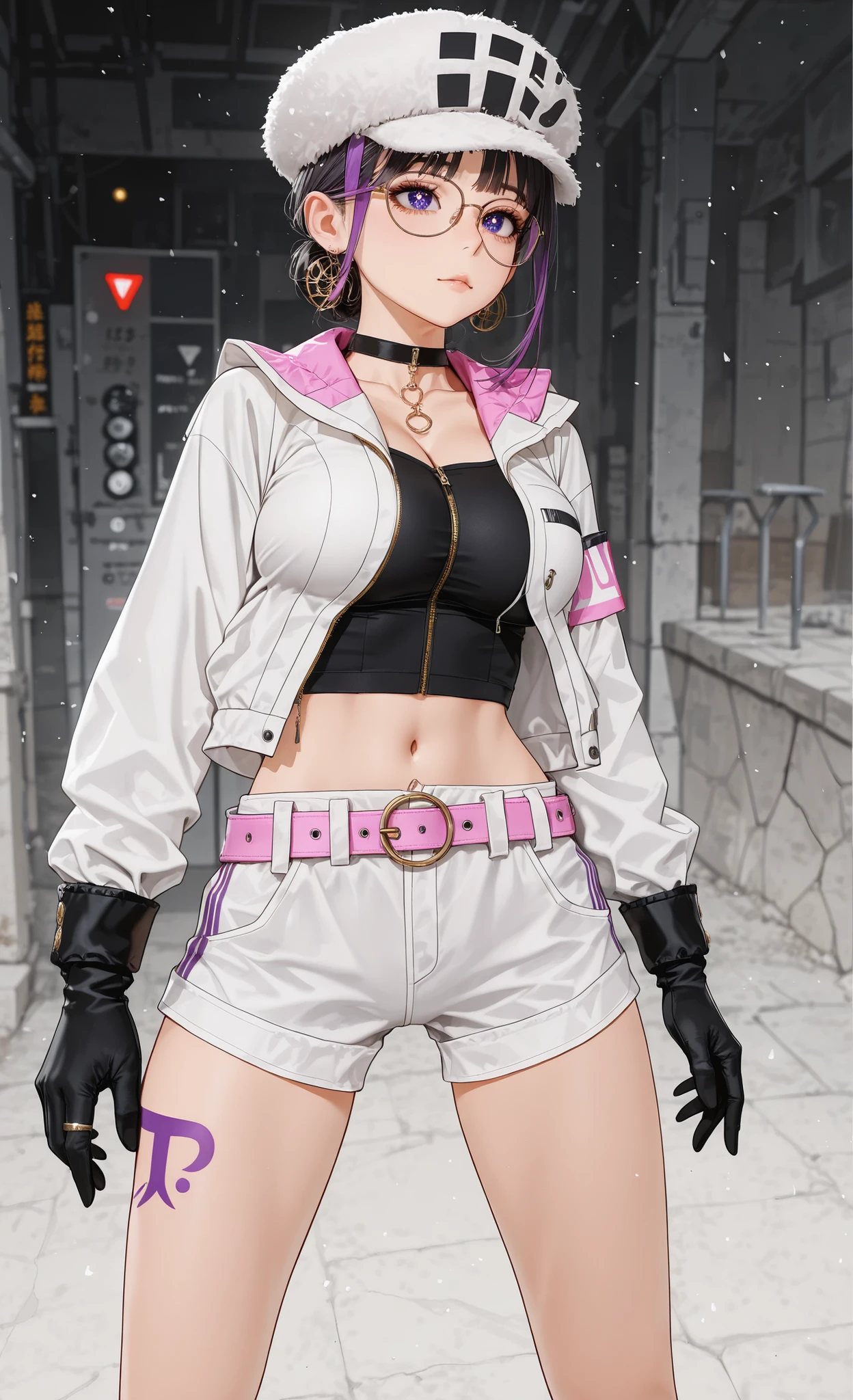 The golden ratio, glasses, Proper composition,BEAUTIFUL ILLUST,RATION, (masterpiece, detailed:1.2), maorix,score_9, score_8_up, score_7_up, score_6_up, score_5_up, 1girl, huge tit, five anatomically correct fingers, close-up, super quality, 8k, super quality, beautiful Japanese woman, teen, 表情のclose-up, detailed eyes, careful brown iris, high resolution, Beautiful Japanese woman with big boobs standing, anatomically correct ratio :1.331, Tiny Head :1.331, detailed skin, detailed face, black and violet hair, tranparent violet eyes