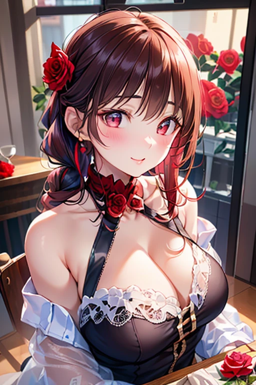 masterpiece, Superior image quality, High resolution, 4k image,Photo and gross, photorealistic, 1 young girl of 20 years old, View from the front, standing, {Alone},{{{vagina}}}, , beautiful face, dark red hair short ponytail, green eyes, very detailed eyes, expression of pride, draw smile showing superiority, choker:1.6, She wears red lingerie, sensual lips , show details in the eyes,  cabin, at daytime