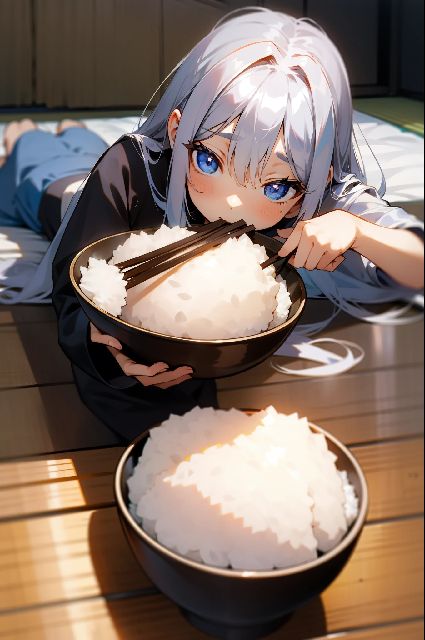 1girl、silber hair、Blue eyes、Lying on the futon、Crawl on your stomach、Eat Rice bowl、holding chopsticks