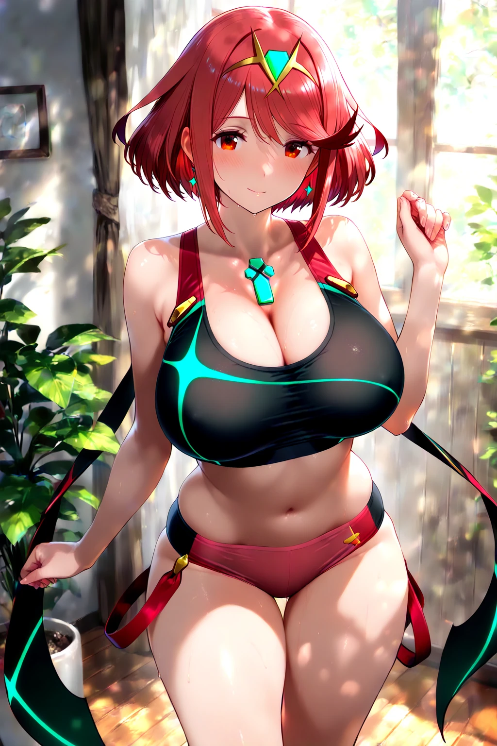 score_9, score_8_up, score_7_up, source_anime BREAK 1girl, solo, <lora:pyra-xb-richy-v1_pdxl:0.8> prsum, red eyes, red hair, short hair, tiara, earrings,  jewel, one-piece swimsuit, smile, parted lips, , blush, sweat, wet, shiny skin, shiny clothes, outdoors, standing, wide , thick thighs, open mouth, looking at viewer
