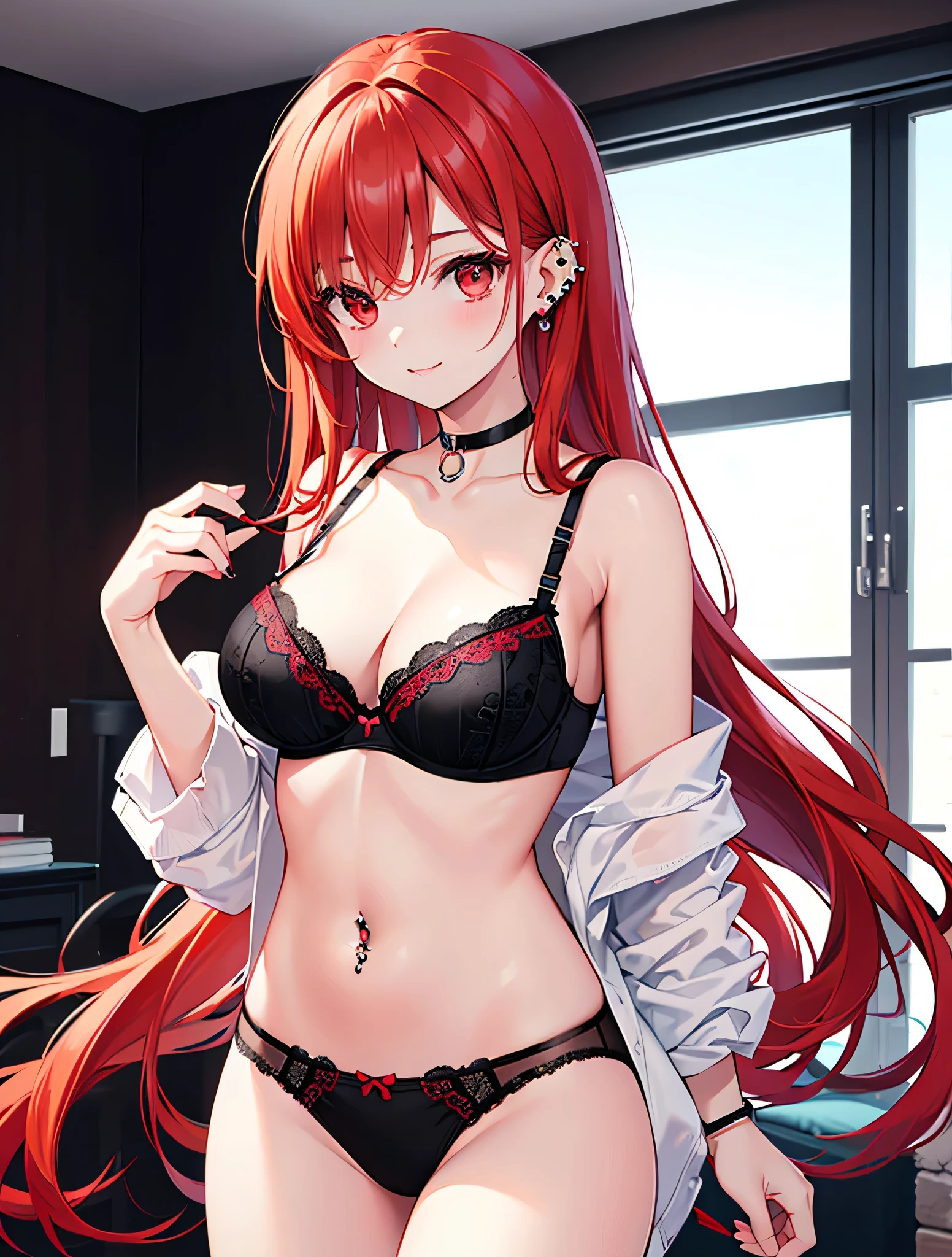 An anime girl with red hair and blue eyes wearing a skirt and an  revealing a black and red bra