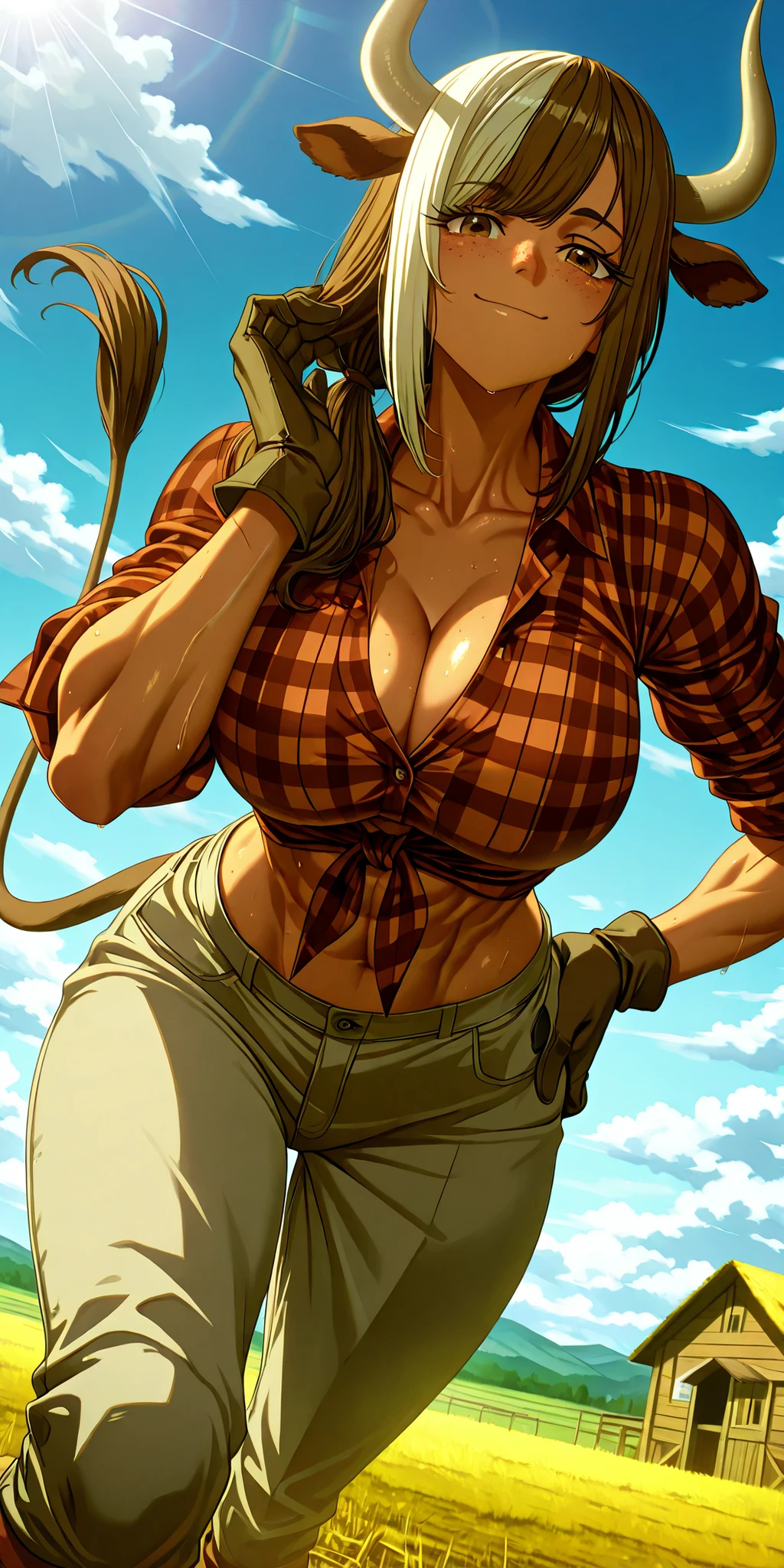 masterpiece, best quality, dynamic angle, (anime art), (anime coloring), official art, foreshortening, closeup,
solo, female, female focus, minotaur girl, very broad shoulders, huge woman, extremely tall woman, tan skin, long dark brown hair, brown eyes, farm house, muscular, cow tail, tied hair, freckles, brown ears, cow ears, long swept bangs, open collar, Victorian, very large breasts, dynamic pose, outdoors, working, sunny, wide smile, large body, bulky body, shapely thighs, adjusting hair, long eyelashes, thick eyelashes, field, blue sky, white clouds, hills, two tone hair, brown and white hair, hay bale, rolled sleeves, motion, friendly, turning around, gloves, wiping sweat, strong, lens flare, looking at viewer, plaid shirt, tied shirt, chromatic diffraction, windy, fluttering clothes, lifting, cozy, morning, female close up, hand on hip, toned, tomboy, rolled pants, furred legs, midriff, relaxed, hips forward