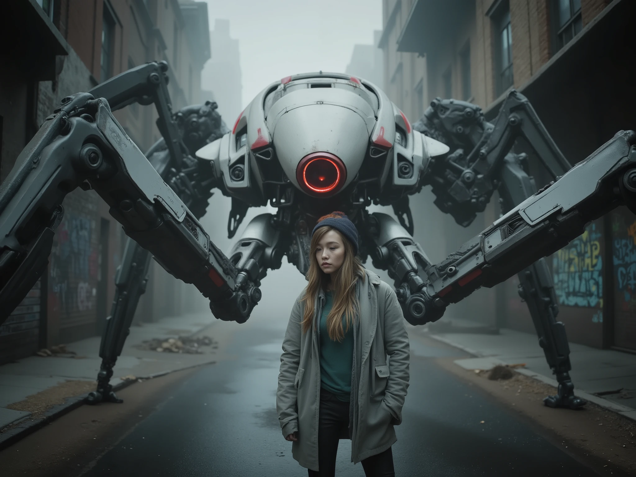 In a dystopian urban setting, a woman stands face-to-face with a large, menacing robotic creature. The robot has an ovular, helmet-like body, predominantly white with a prominent red stripe running down the middle. Its four spindly, mechanical legs give it a spider-like appearance, and its glowing red eye acts as an ominous focal point. The girl, appearing to be in her early teens, wears a baggy coat, modern streetwear, and a beanie, suggesting a casual yet cautious stance. The background is a foggy, industrial alleyway with graffiti adorning the walls, adding to the gritty, futuristic atmosphere. The overall mood is tense yet intriguing, as this unusual encounter unfolds amidst the cold, muted tones and harsh artificial lighting typical of a sci-fi narrative.