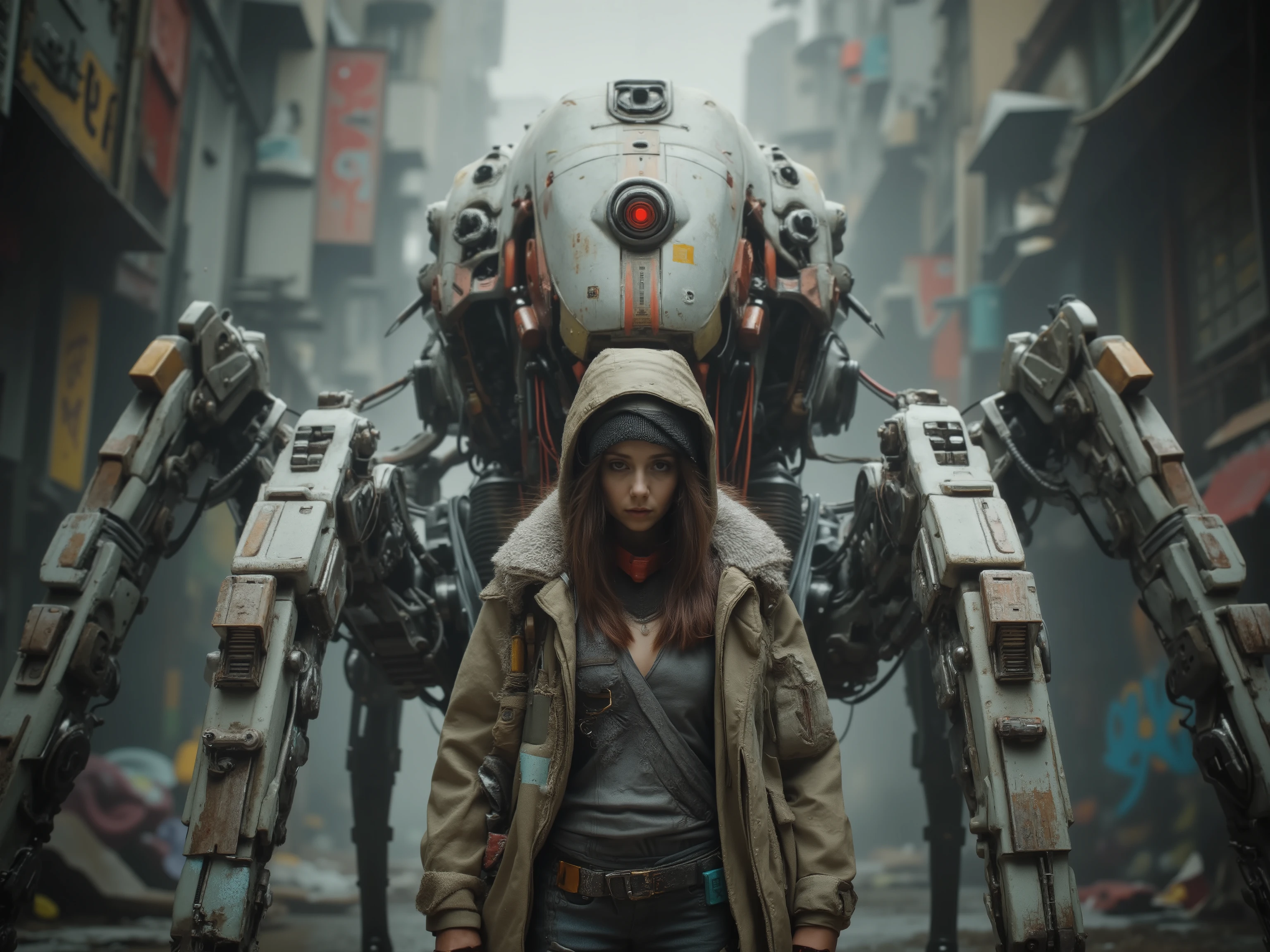 In a dystopian urban setting, a woman stands face-to-face with a large, menacing robotic creature. The robot has an ovular, helmet-like body, predominantly white with a prominent red stripe running down the middle. Its four spindly, mechanical legs give it a spider-like appearance, and its glowing red eye acts as an ominous focal point. The girl, appearing to be in her early teens, wears a baggy coat, modern streetwear, and a beanie, suggesting a casual yet cautious stance. The background is a foggy, industrial alleyway with graffiti adorning the walls, adding to the gritty, futuristic atmosphere. The overall mood is tense yet intriguing, as this unusual encounter unfolds amidst the cold, muted tones and harsh artificial lighting typical of a sci-fi narrative.