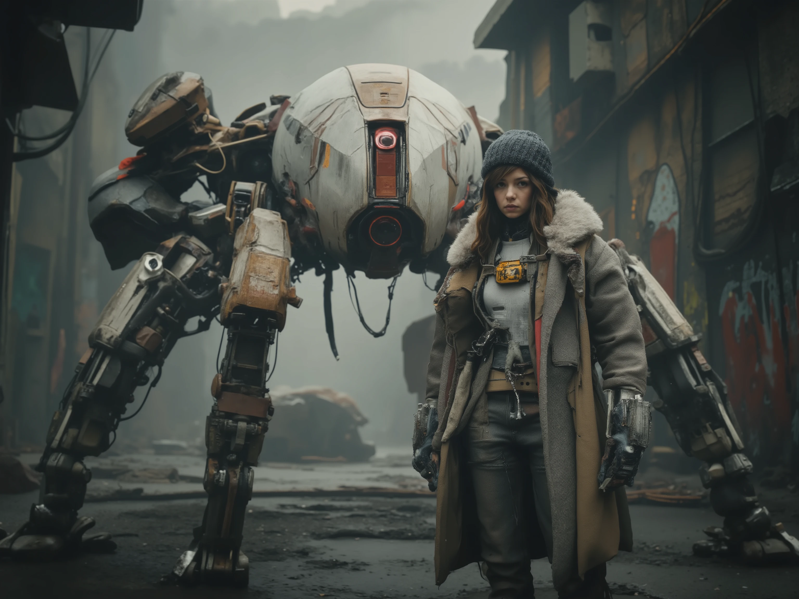 In a dystopian urban setting, a woman stands face-to-face with a large, menacing robotic creature. The robot has an ovular, helmet-like body, predominantly white with a prominent red stripe running down the middle. Its four spindly, mechanical legs give it a spider-like appearance, and its glowing red eye acts as an ominous focal point. The girl, appearing to be in her early teens, wears a baggy coat, modern streetwear, and a beanie, suggesting a casual yet cautious stance. The background is a foggy, industrial alleyway with graffiti adorning the walls, adding to the gritty, futuristic atmosphere. The overall mood is tense yet intriguing, as this unusual encounter unfolds amidst the cold, muted tones and harsh artificial lighting typical of a sci-fi narrative.