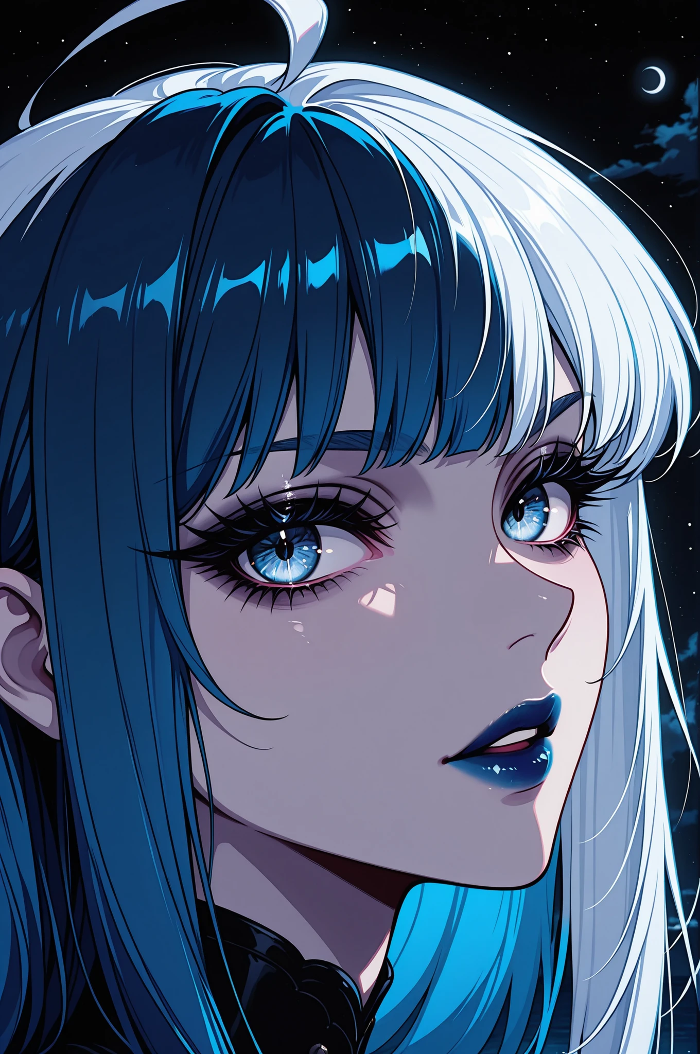 1girl, looking at viewer, close-up, face focus, split-color hair, blue hair, white hair, ahoge, long eyelashes, moonlight, partially illuminated, pale skin, dark theme, blue lipstick
