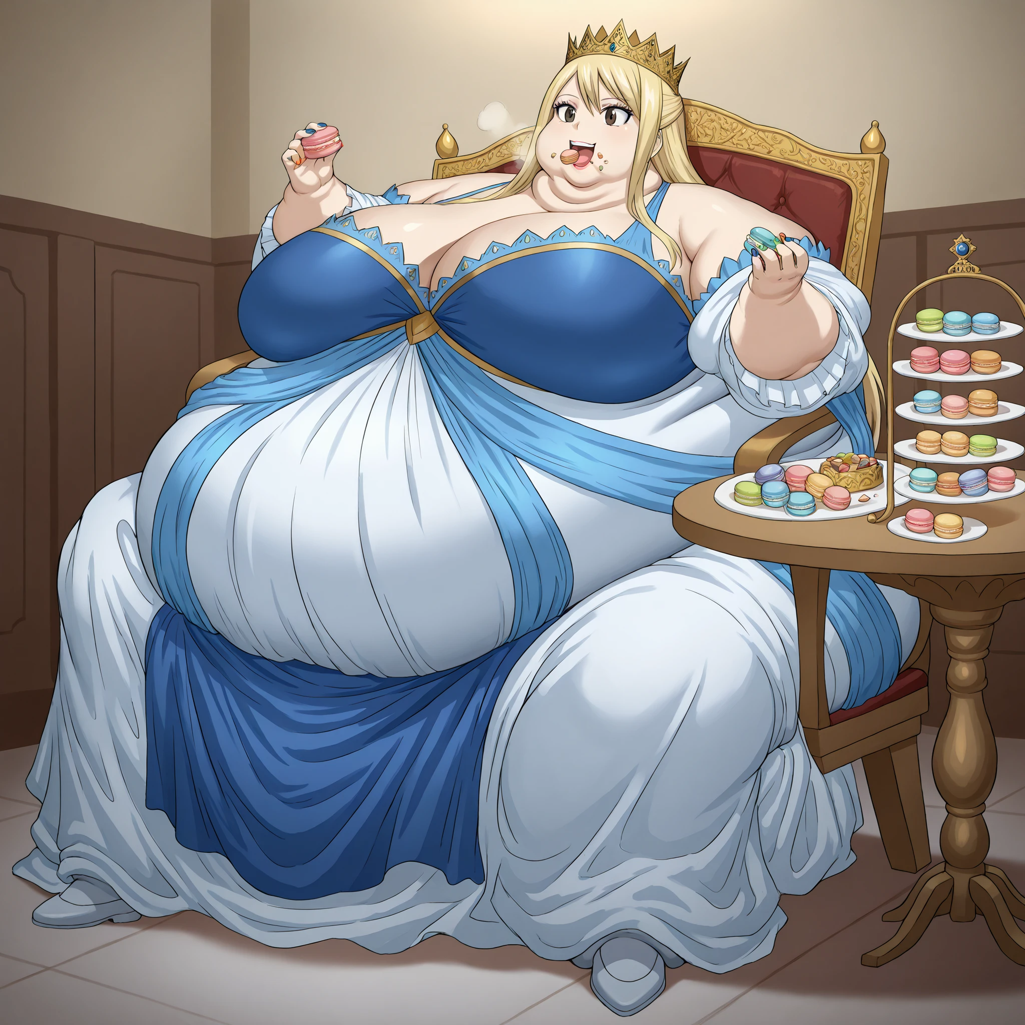 lucy heartfilia, long hair, blonde hair, large breasts, brown eyes, smile, royalty, dress, crown, makeup, lipstick, painted nails, fat, chubby, obese, fat neck, multiple chins, big breasts open mouth, out of breath, Larger female, full body shot, sitting on chair, sitting down, table, dinning room, in front of tones of food, eating macarons, eating desserts, eating food, food in mouth, force fed, force feeding, (lora:force-feeding-ponyxl-lora-nochekaiser:1>, force-feeding, feeding, forced, full mouth, food, eating), rush of food, reclining back on chair