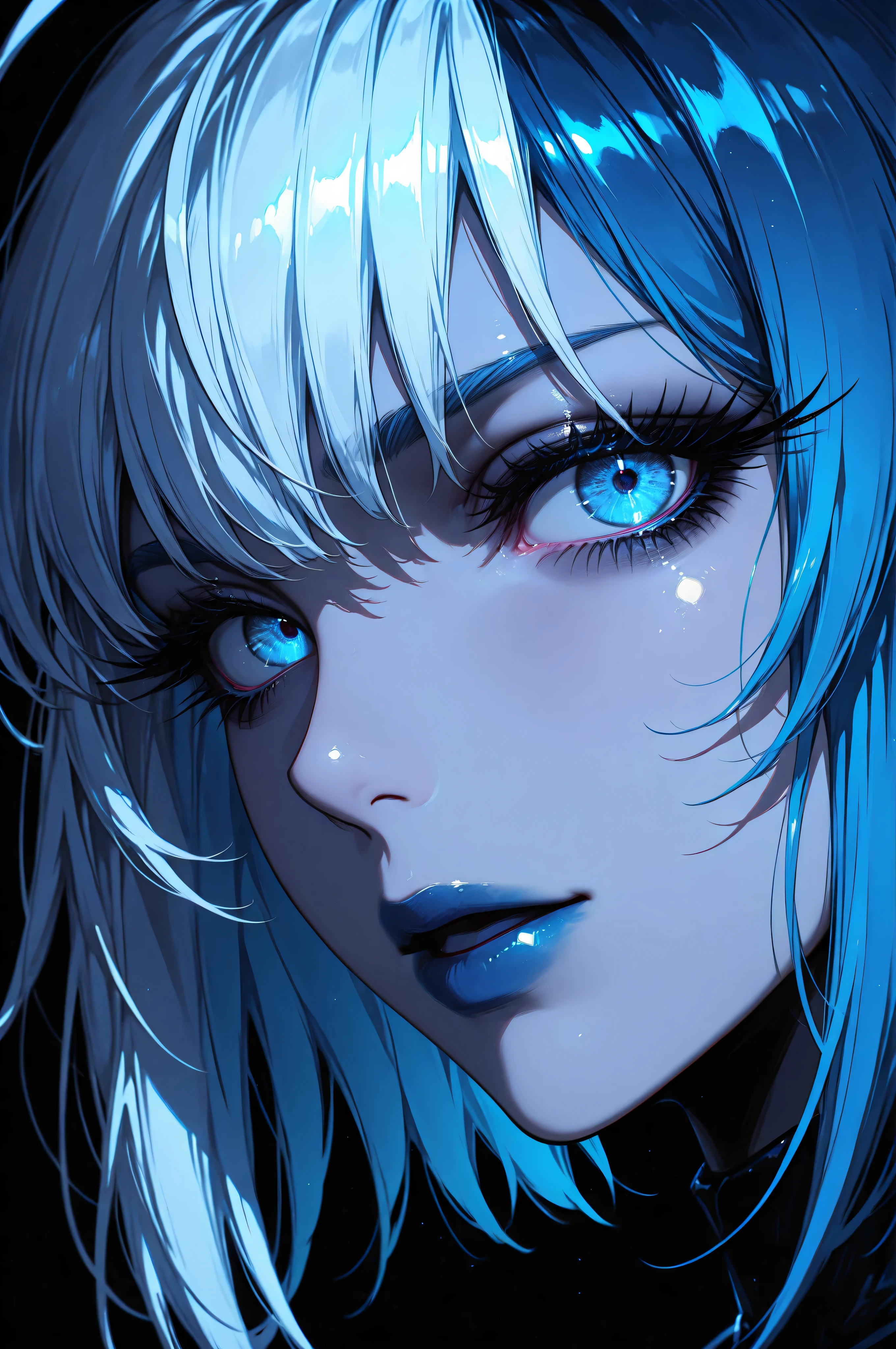 1girl, looking at viewer, close-up, face focus, split-color hair, blue hair, white hair, ahoge, long eyelashes, moonlight, partially illuminated, pale skin, dark theme, blue lipstick