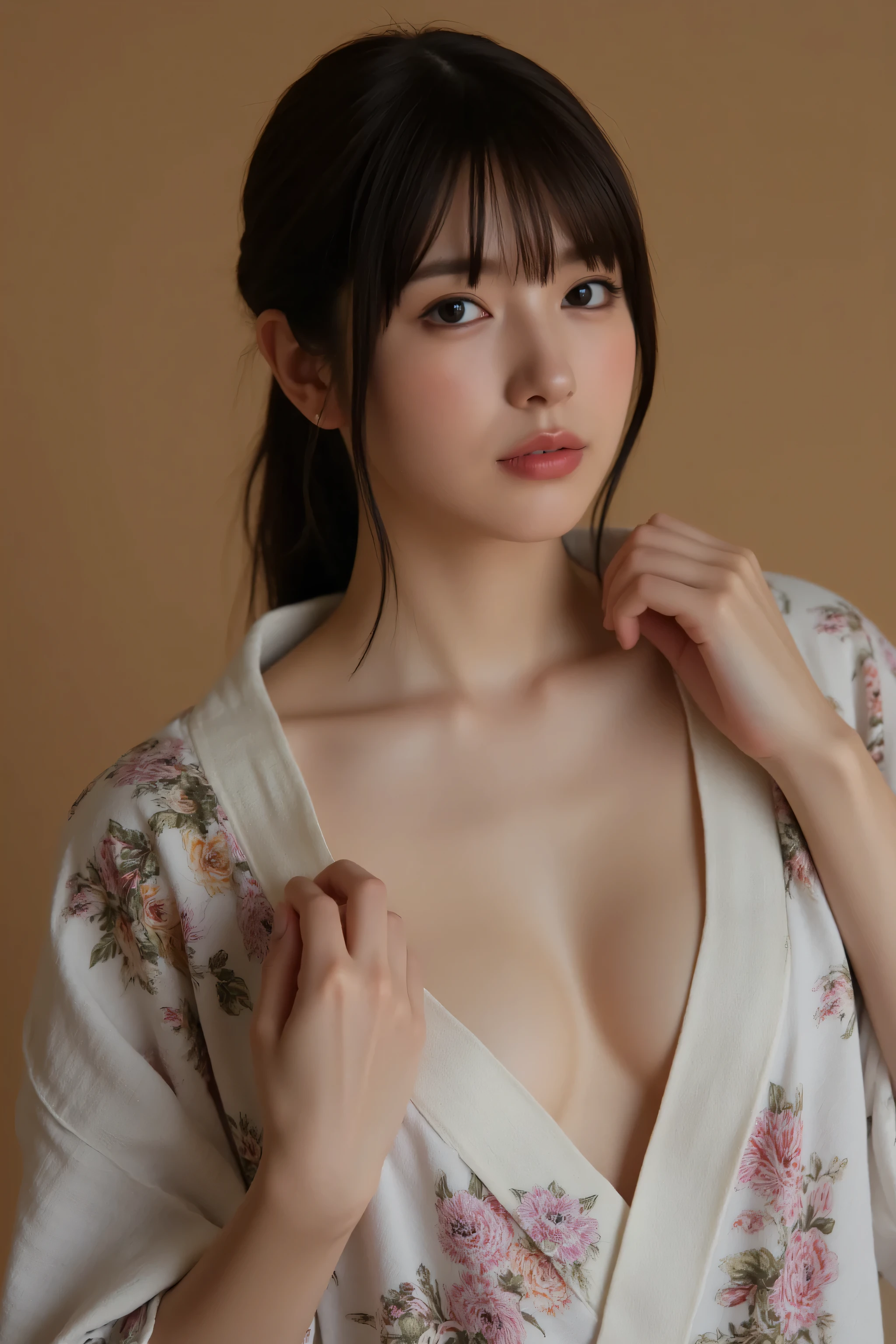 (最 High Quality、 Table Top Covering Upper Arms 、8k、最 High Quality、winning work)、( 可愛いbeautiful女将 :1.1)、(V-neck kimono with a wide chest:1.4)、(big cleavage:1.3)、(V-neck kimono reveals cleavage:1.3)、(The innkeeper:1.1)、(elegant Japanese-style kimono:1.2)、( perfect and accurate kimono with collar :1.2)、 clean skin 、 Standing Elegantly、( blurry, elegant, sophisticated, perfect Japanese-style bedroom background:1.3)、(staring at me:1.1)、( the most natural and perfectly arranged Japanese bedroom background :1.2)、glowing white skin from left side、 very white skin 、( accentuate your body lines :1.1)、(The most graceful posture:1.2)、Perfect Smile、完璧なbeautiful光沢のある唇、( accurate anatomy :1.2)、(Dim Moody Night:1.3)、(tyndall effect:1.2)、(The Most Romantic Warm Lighting:1.3)、(romantic warm lighting with elegant lamp:1.3)、( perfect and elegant kimono :1.1)、(beautiful, High Quality , Large kimono obi:1.1)