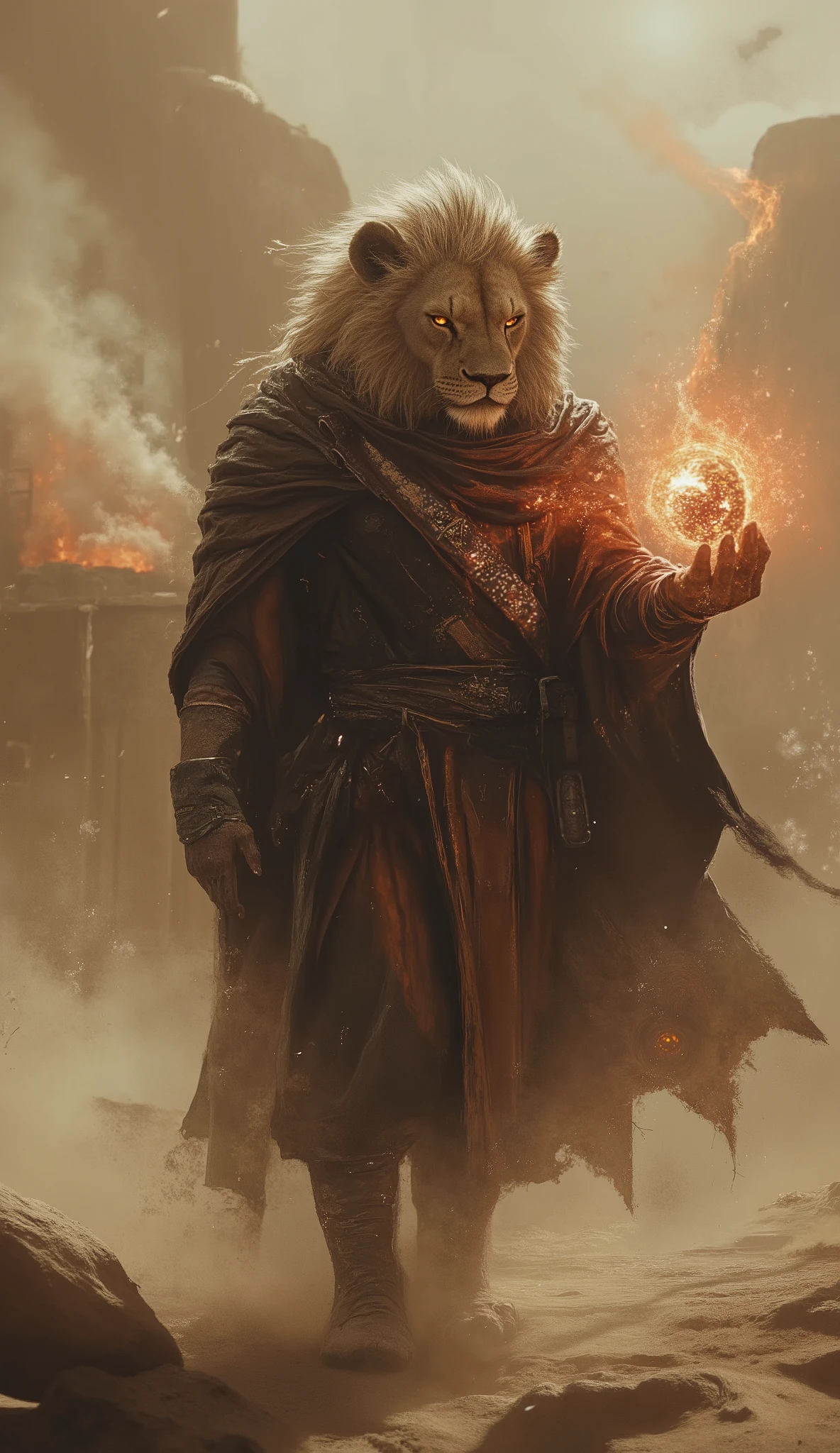 An anthropomorphic lion with a muscular build stands amidst a swirling storm of dust and light, their posture exuding power and motion. The character is cloaked in dark, rugged robes that flow dramatically, adding to the dynamic movement of the scene. In their extended hand, they hold a sphere of fiery orange energy, intricately detailed and glowing intensely, casting warm highlights on their fur and the surrounding atmosphere. The setting is an ancient-looking, sandy landscape with towering structures that suggest a historical or fantasy-inspired locale, partly obscured by dust clouds and explosions in the background. A bushy tail unfurls behind them, further hinting at their anthropomorphic nature. The scene is bathed in a golden glow, enhancing the dramatic and mystical mood of the moment captured.