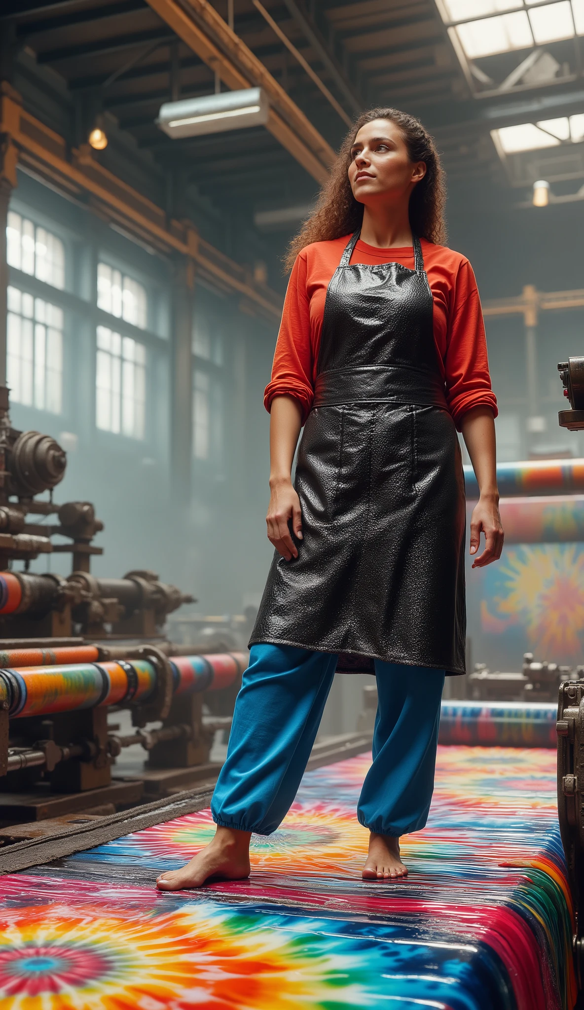 eptiedyeworld, inside of a factory making shiny rubber tie dye belts a woman stands on a tie tye conveyor belt wearing a shiny rubber black apron, wearing blue rubber pants, wearing a red rubber shirt, the woman is thin and 34 years old, a rubber roller covered in tie dye fabric threatens in the distance to cover her in the shiny tie dye rubber