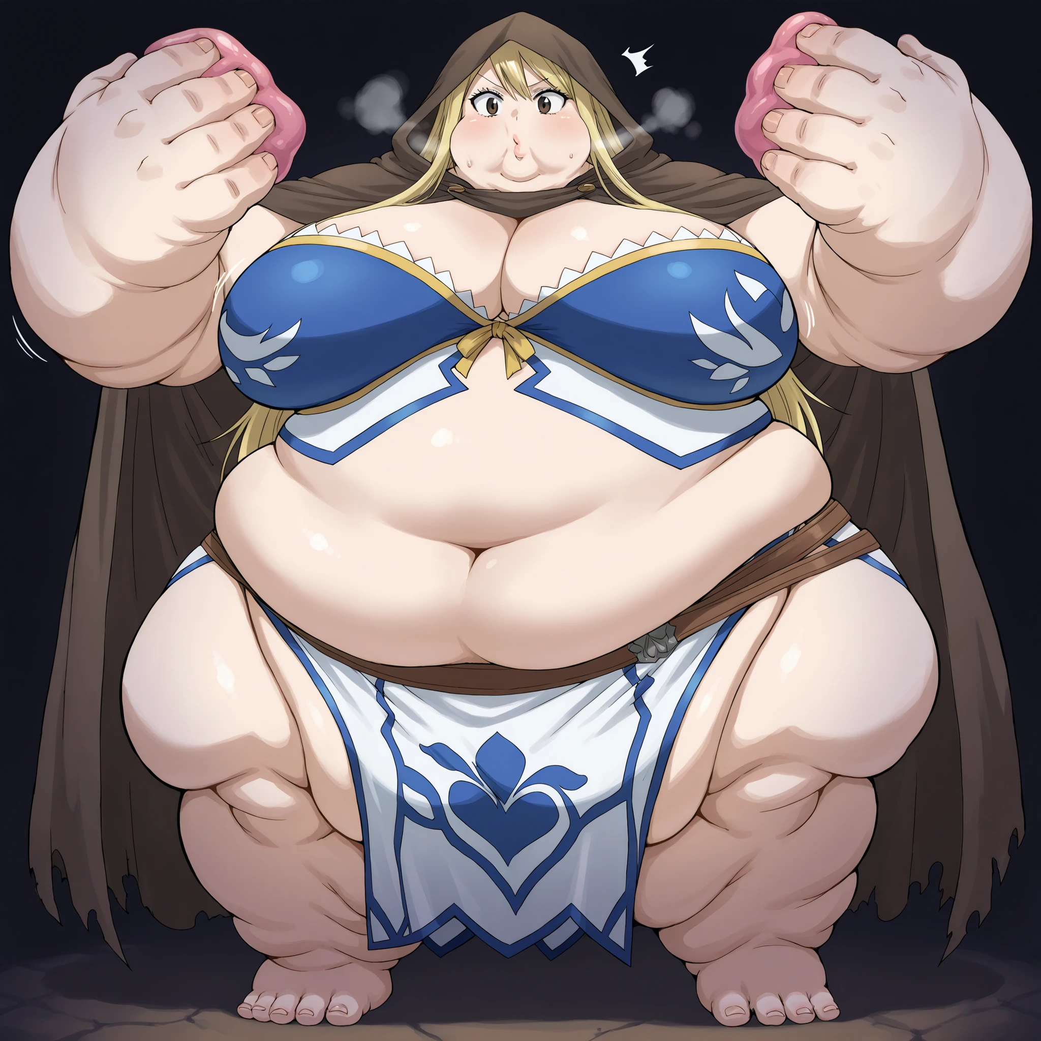 lucy heartfilia, long hair, blonde hair, large breasts, brown eyes, Wearing worn down rags, wearing a cloak, cloak over head, hood over head, trying to hide, big breasts, out of breath, Larger female, big belly, belly overhang, full body shot, only head, large head, oversized limbs, large hands, large feet, oversized feet, oversized fingers, oversized toes, big lips, plump lips, fat face, swollen face, fat cheeks, chubby cheeks, fupa, big fupa, fat fupa, in a dark aly, on knees, touching face, grabbing face, becoming a blob of fat, surprised reaction