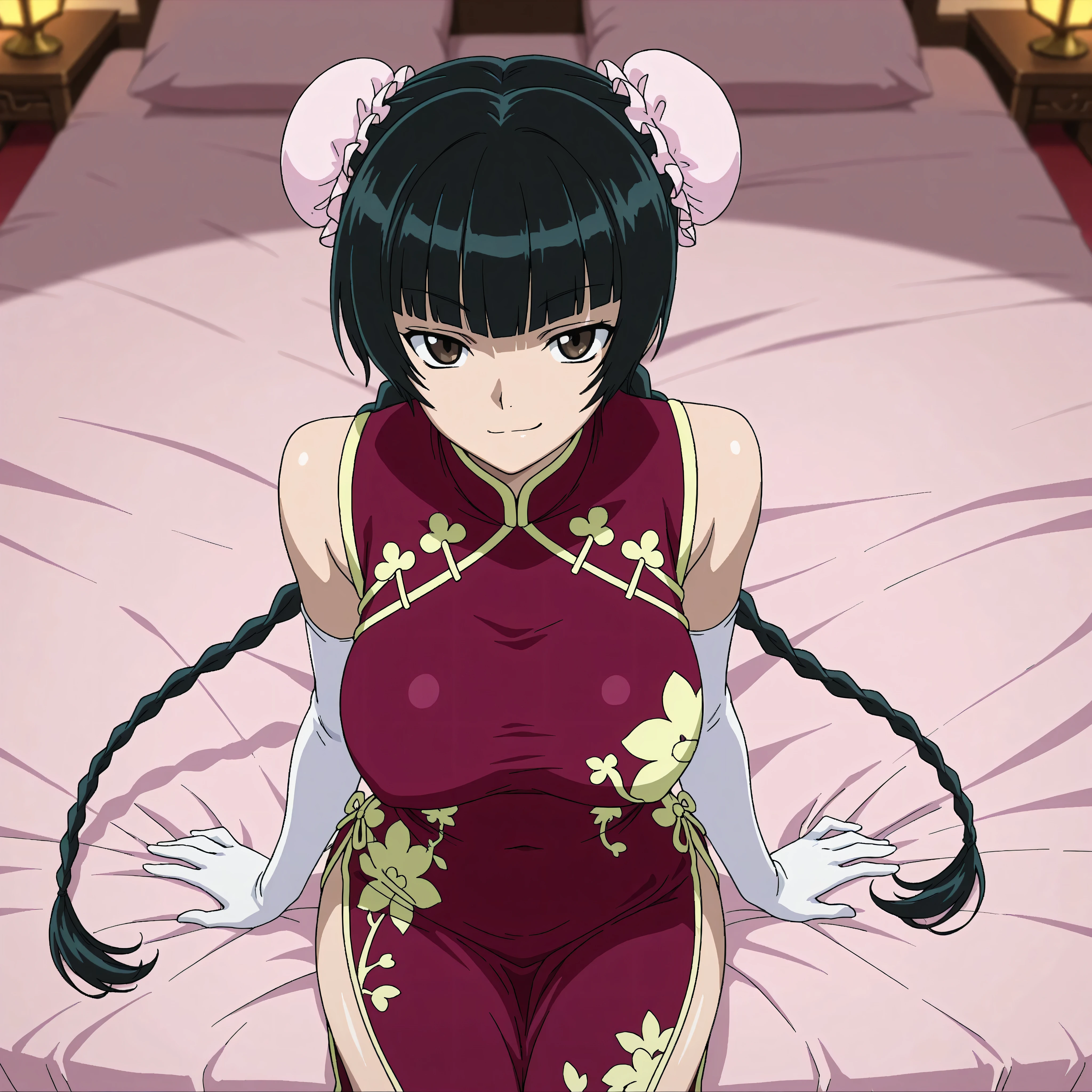 anime coloring,best quality,high resolution,masterpiece,uncensored,fair skin,porcelain skin,black hair,long hair,hair behind back,black brown eyes,large breasts
pink bed sheets,
blunt bangs,twin braids,double bun,pink bun cover,long dress,china dress,sleeveless,elbow gloves
1 female,solo,looking at viewer,(smirk:1.7),(shiny skin:1.3)