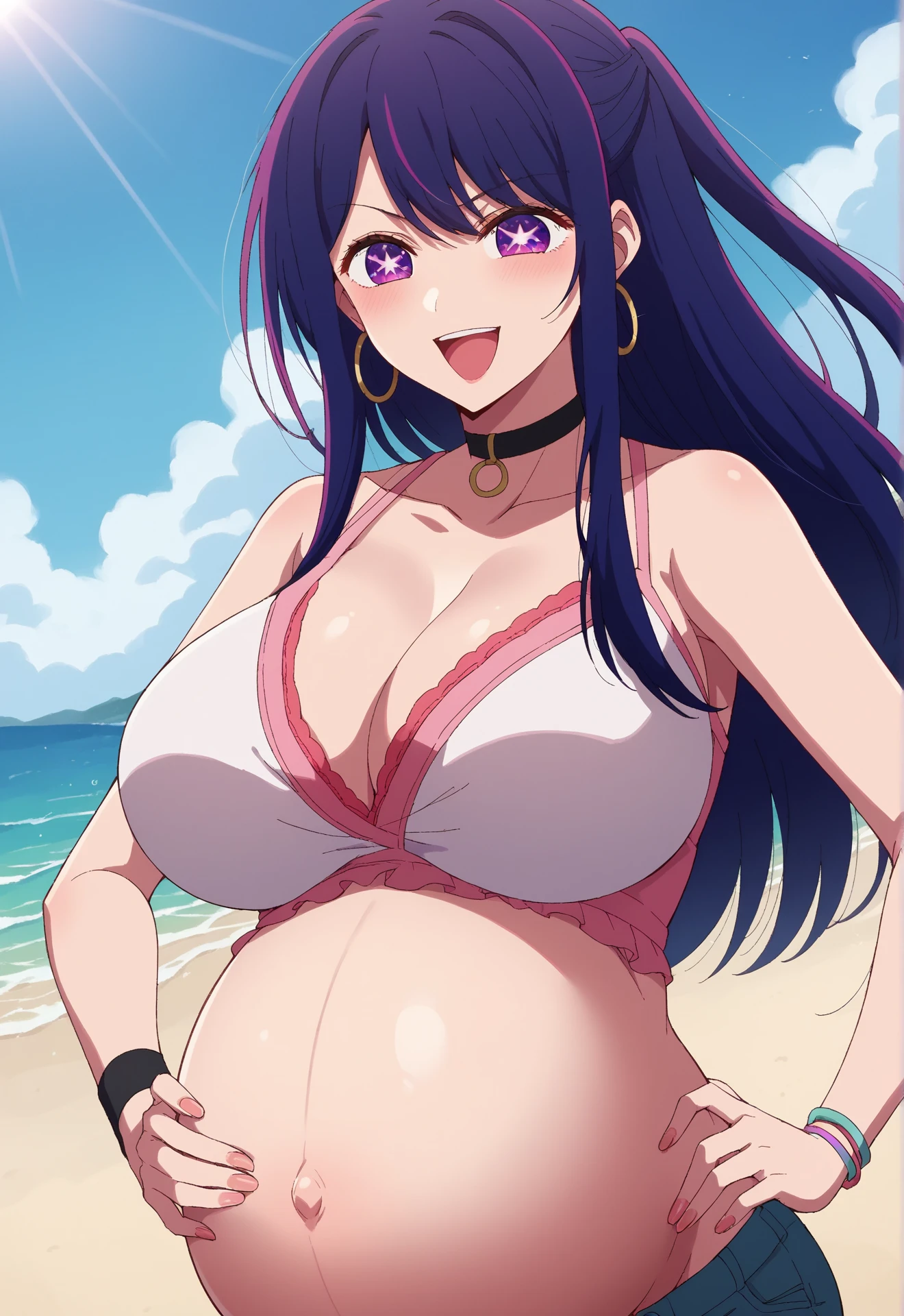 HYUUGAHIN, LIGHT GRAY TOP, "BLACK LONG HAIR", BLUE EYES, 1GIRL, BLUNT BANGS, score_9, score_8_up, score_7_up, source_anime,
Hinata Hyuga, Naruto: The Last, long indigo hair, straight hair, soft bangs, pale lavender eyes, mature, refined, elegant,
high-quality, ultra-detailed, beast quality, 8K resolution, anime style, beach,
looking at viewer, dutch angle, cowboy shot, smile, pregnant belly, large belly, big belly, ???????????, belly button, ??????, shorts,
1girl,solo, indoors, happy, Smiling, rub belly,
full body, Nail polish,