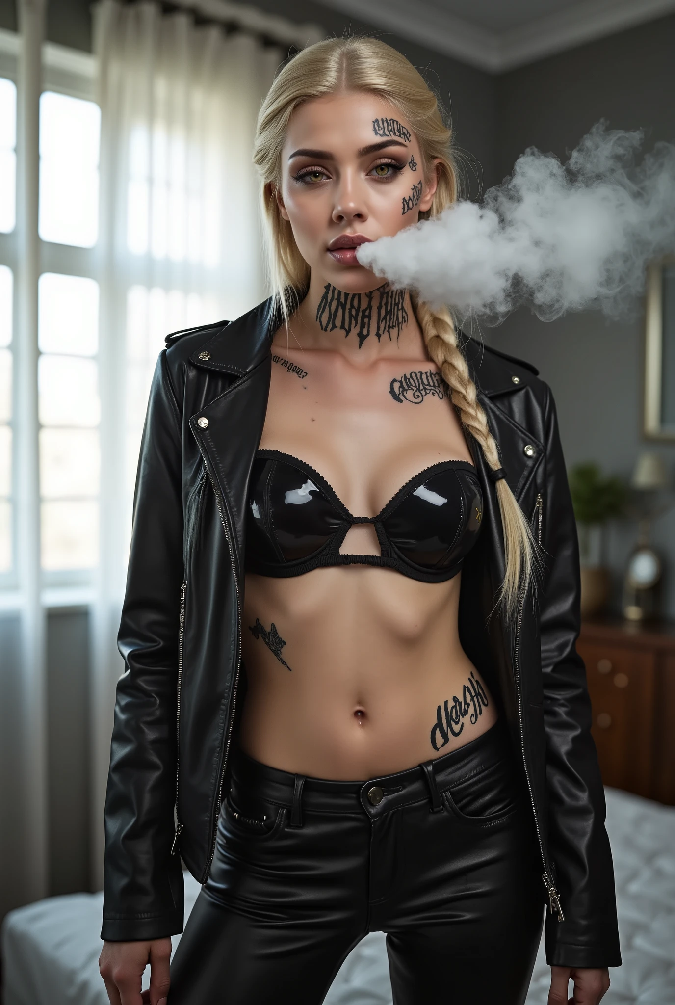 An woman stands in a light-filled bedroom. She has many face tattoos. Yellow eyes. Her is covered in intricate tattoos. She wears a glossy black vinyl bra under a glossy black leather biker jacket and skintight black leather pants. White hair in a braided ponytail. She exhales a large cloud of smoke from her mouth.