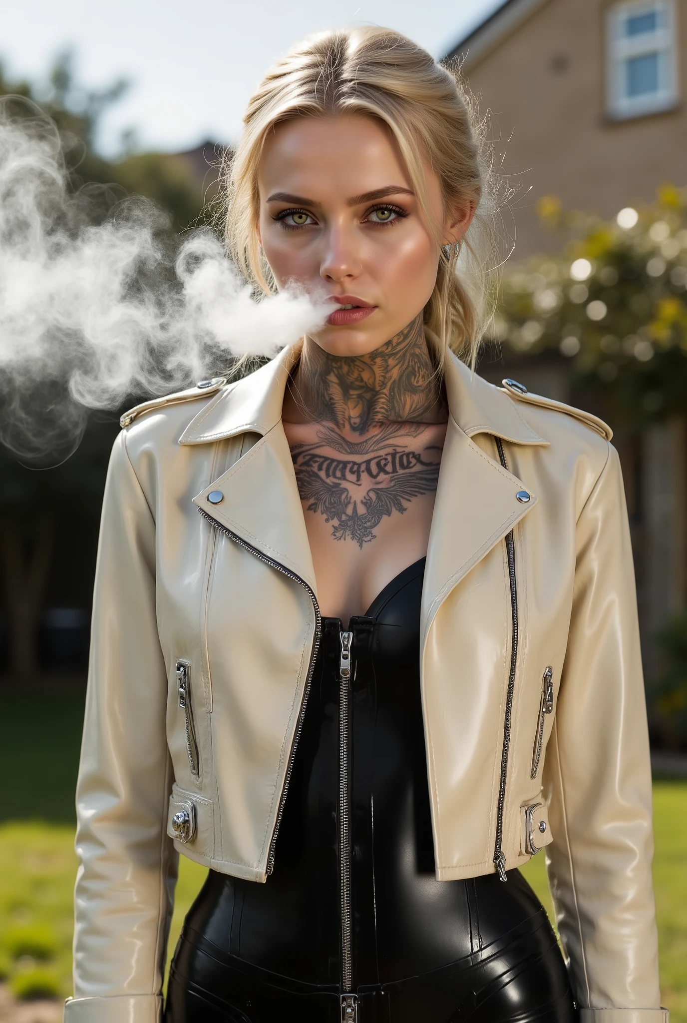 A beautiful 20 year old woman wears a short cropped cream leather biker jacket with buckled straps over a shiny black latex body suit with a silver zipper at crotch. Elaborate tattoo on her neck. She is standing in a suburban back garden on a sunny day. Yellow eyes. Looking at the camera. She exhales a large cloud of smoke from her mouth.