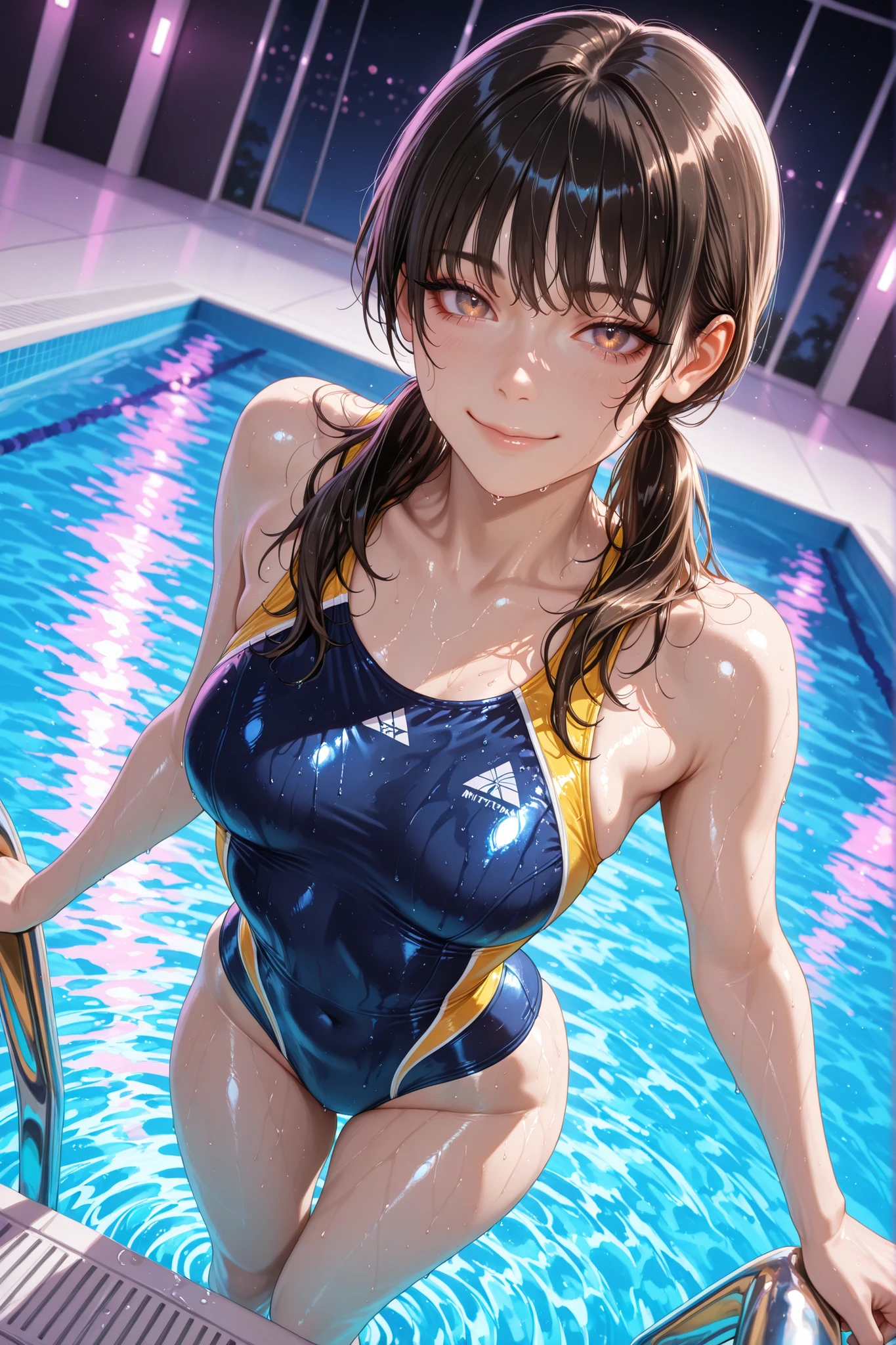 1 girl, solo, Mitaka Asa, long hair, low ponytails, dark brown eyes, pretty eyes, detailed eyes, gradient eyes, crystal eyes, long eyelashes, beautiful eyes, beautiful face, perfectly symmetrical face, delicate and harmonious features, face with golden ratio, beautiful hair, realistic skin with natural texture, medium breasts, good anatomy, correct hand anatomy, seductive look, sweat, sports swimsuit, shiny, wet,colorful, standing at the edge of the pool, looking at the viewer, attractive, seductive, cheerful smile, dynamic pose, dynamic angle,  best quality, masterpiece, ultra detailed, very aesthetic