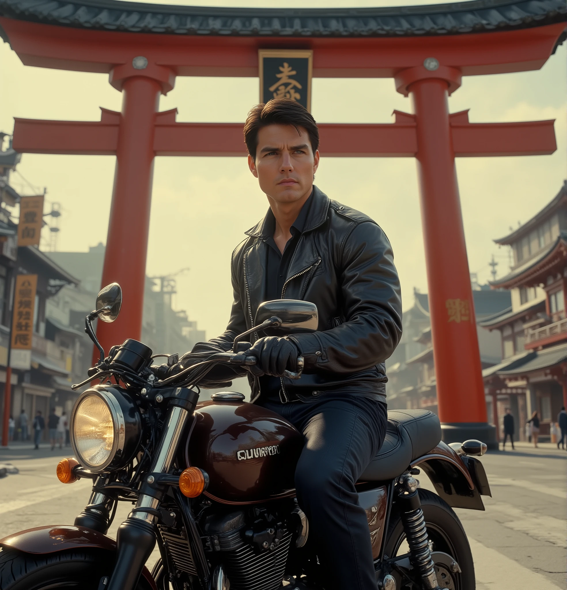 realistic images、photorealistic、Tom Cruise parked his motorcycle and is in front of Kaminarimon in Asakusa, Tokyo、Mission Impossible、action movies、 cool composition