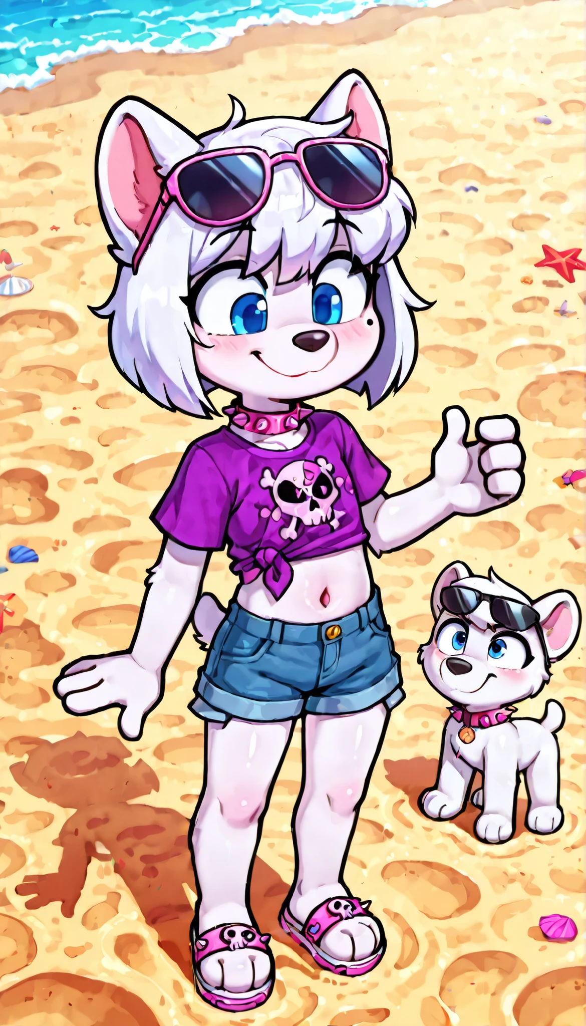score_9, score_8_up, score_8, source_cartoon, source_furry, 1girl, solo, alone, 1 character, Roxi(PP), (solo), 1girl, anthro, lolicon, dog girl, samoyed, white fur, pink and white hair, bangs, bob cut, short tail, blue eyes, mole on left cheek, cute face, 4 fingers, standing, ((sunglasses on forehead, pink spiked collar, purple tied shirt, short sleeves, skull print, midriff, denim shorts, sandals)), full body, feets with three toes, confident face, short body, short stature, glistering body, shiny body, (Small, Short:1.1), (young cub:1.2), looking at you, 2D animation, thick outline, anime style, standing, beach on background,