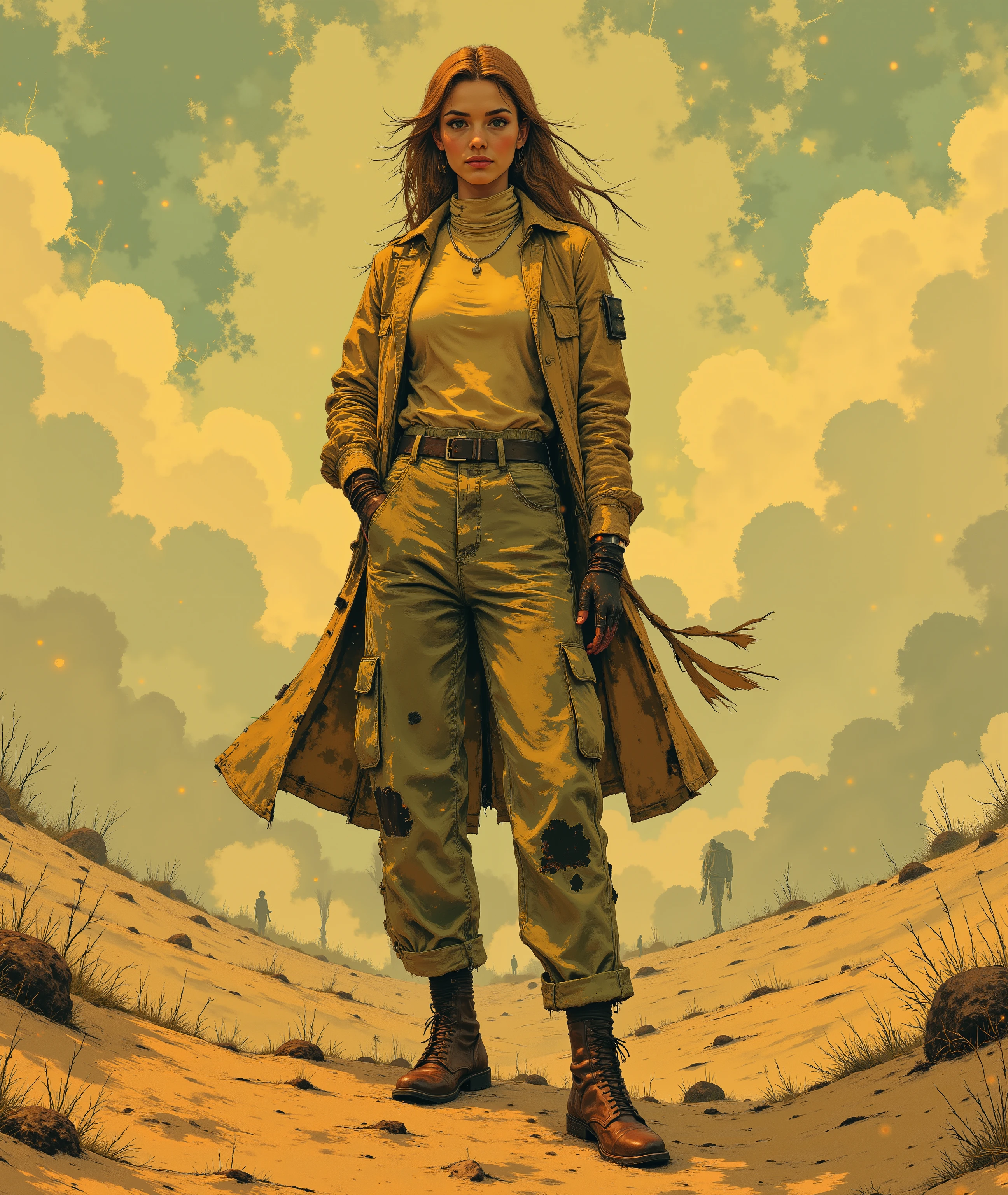 sketch, Surrealism, BRIGHT, airy unrealistically clear, Art Deco, contrasting , Sand, turtleneck with patches, baggy old jacket, wide pants with patch pockets, flying , ornate, потертые post-apocalypse одежды, the, patches, woman with long blond hair, full length,free pose, elegantly,
Alphonse Mucha style, Susan Seddon, Bule, unusual and fantasy, post-apocalypse, beautiful bright colors fabulously, close up , vasnetsov