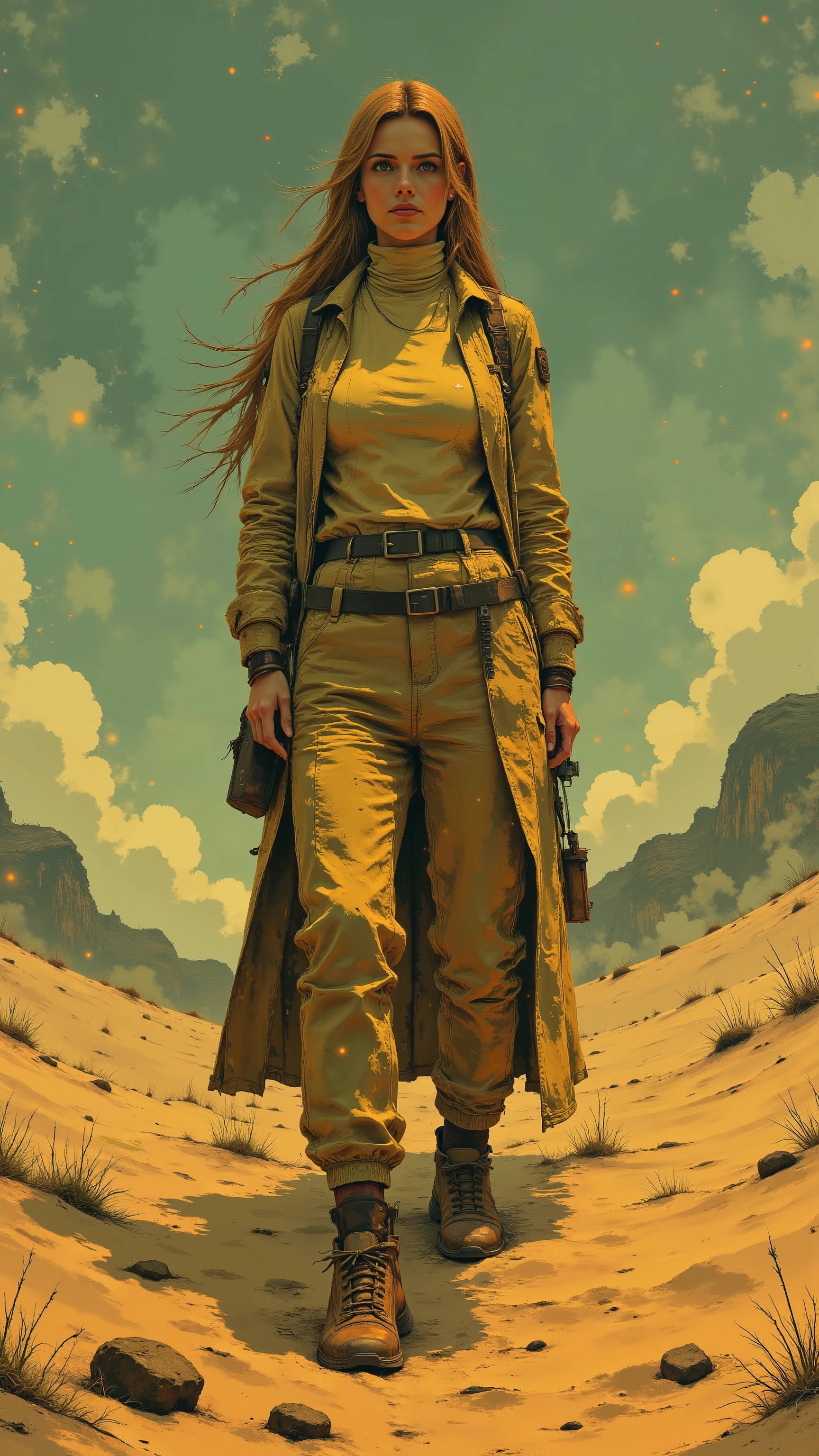 sketch, Surrealism, BRIGHT, airy unrealistically clear, Art Deco, contrasting , Sand, turtleneck with patches, baggy old jacket, wide pants with patch pockets, flying , ornate, потертые post-apocalypse одежды, the, patches, woman with long blond hair, full length,free pose, elegantly,
Alphonse Mucha style, Susan Seddon, Bule, unusual and fantasy, post-apocalypse, beautiful bright colors fabulously, close up , vasnetsov