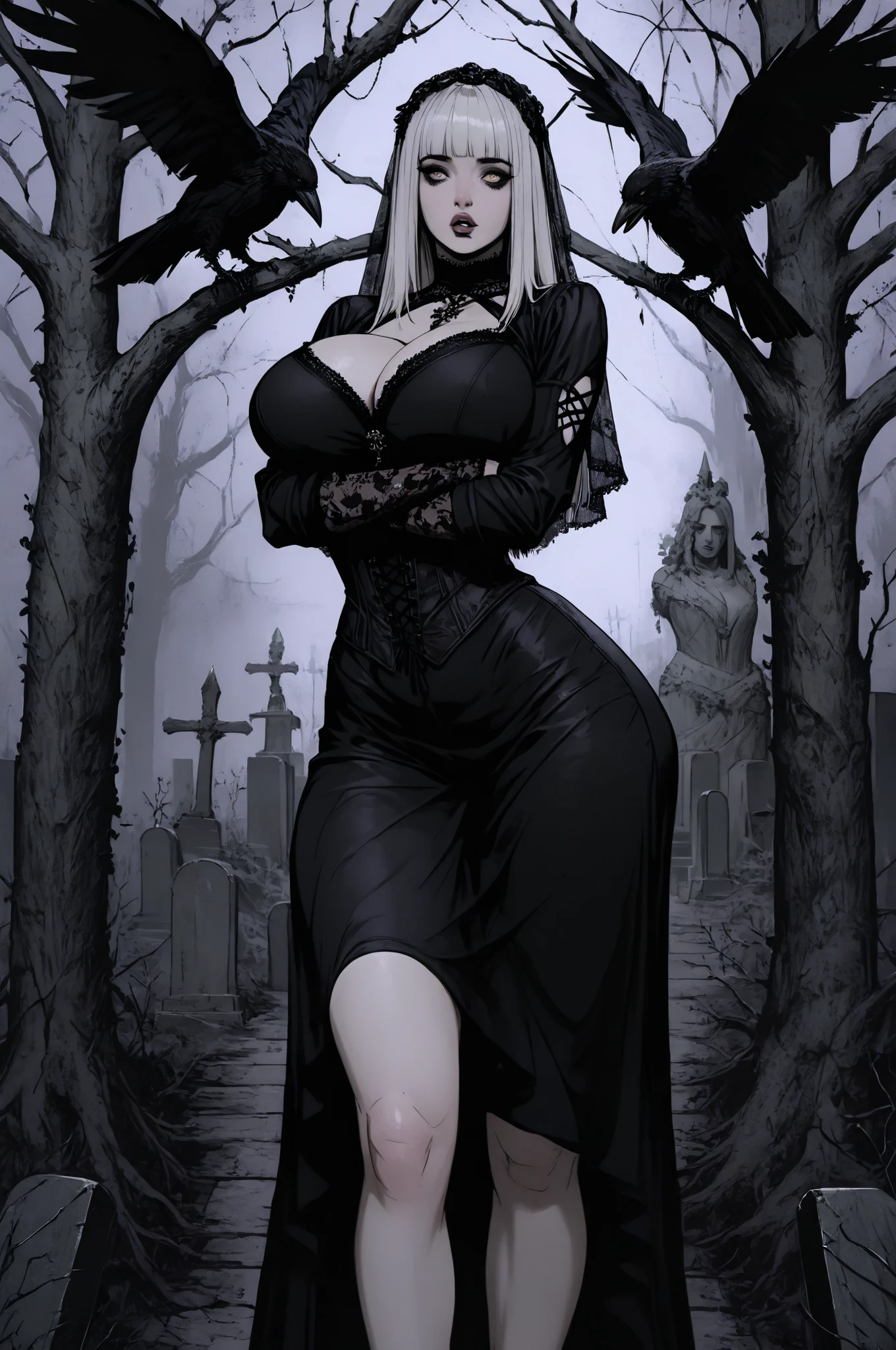 1 girl, Wednesday Addams, gothgirl,wet body, fitnes , white hair, cat ears,white bra, cemetery background, big , ,((full body))) ((( pose, model pose, standing pose))),(black makeup), black lipstick, (((Gigantic :1.1))),(hyper :1.1),(tight stockings:1.6)