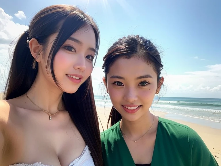 Three smiling girls, Summer Sea, Blowing in the wind for a long time [Blue-black:.3] hair,View Audience, (masterpiece:1.3), (8K, Realistic, RAW Photos, Highest quality: 1.4), Japanese, (One Girl), Beautiful Face, (Realistic Face), beautiful hairstyle, Realistic eyes, Beautiful details, (Realistic Skin), Beautiful Skin, charm, Ultra-high resolution, Ultra-realistic, Very detailed, (Selfie:1.2), (scenery:1.2)